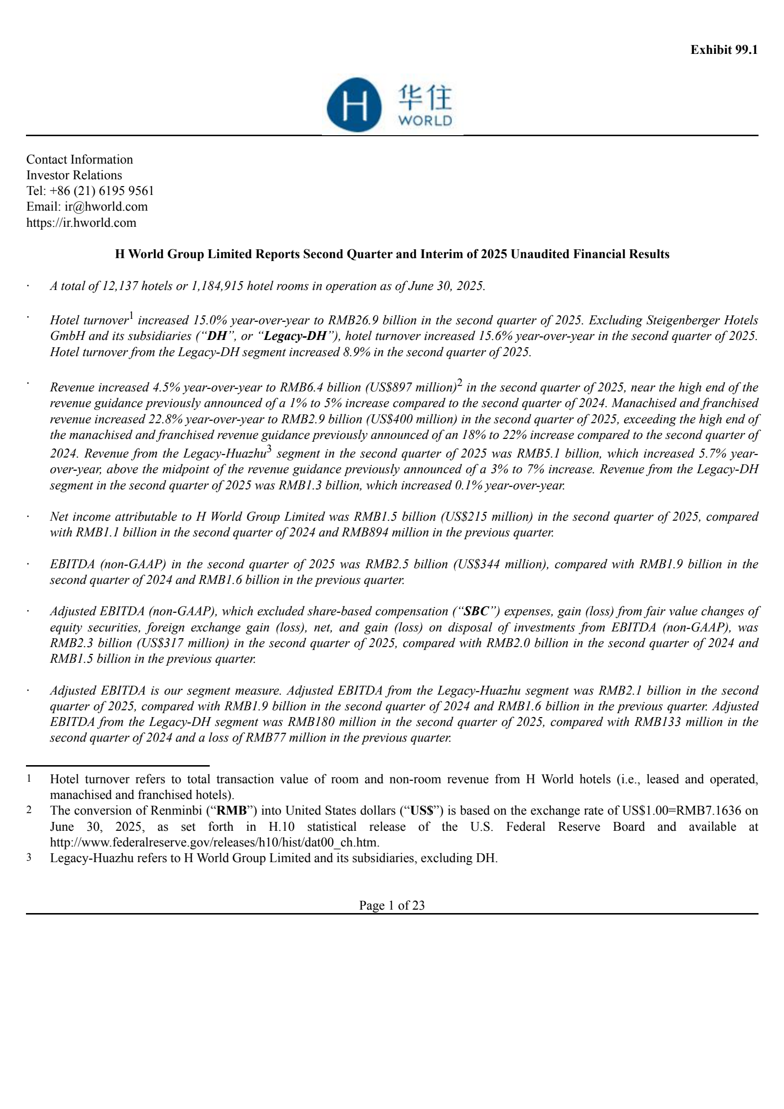 H World Group's Q2 2025 Press Release