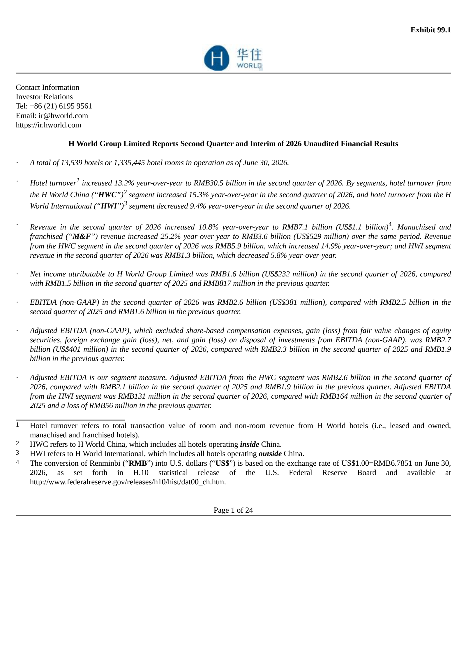 H World Group's Q2 2026 Press Release