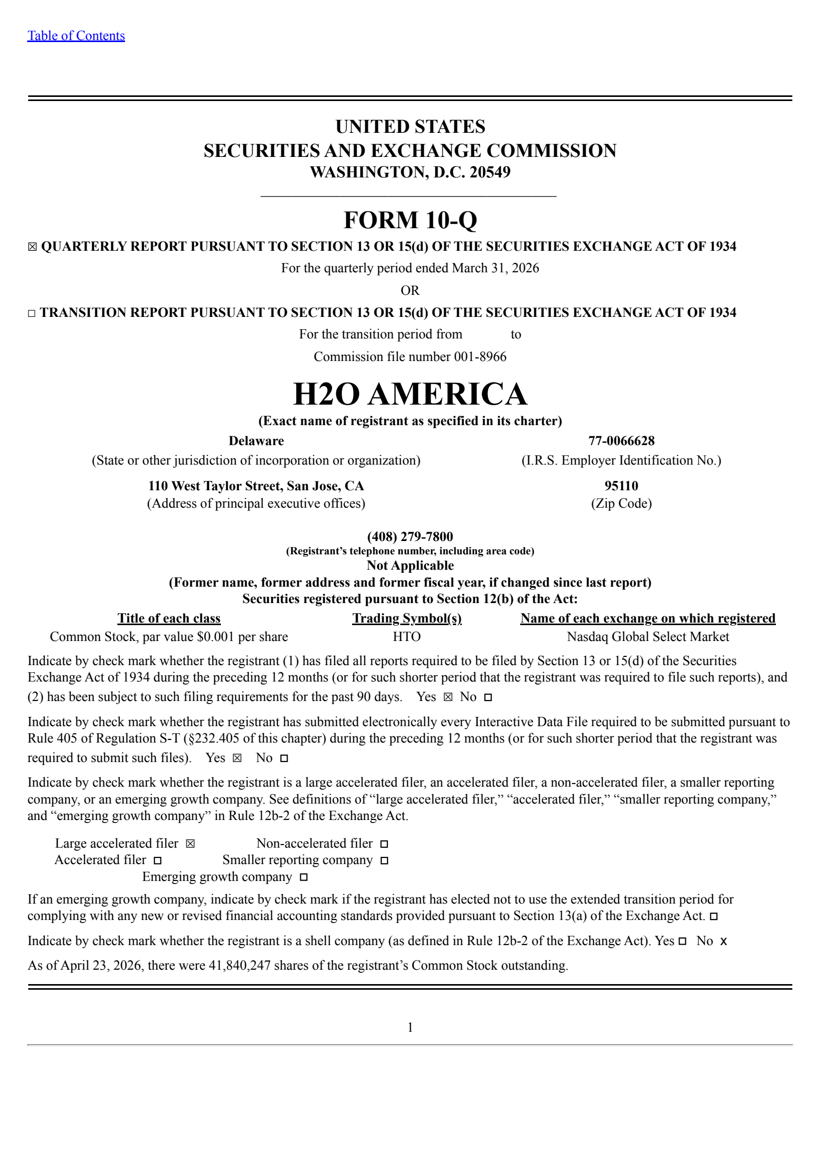 H2O America's Q1 2026 Quarterly report