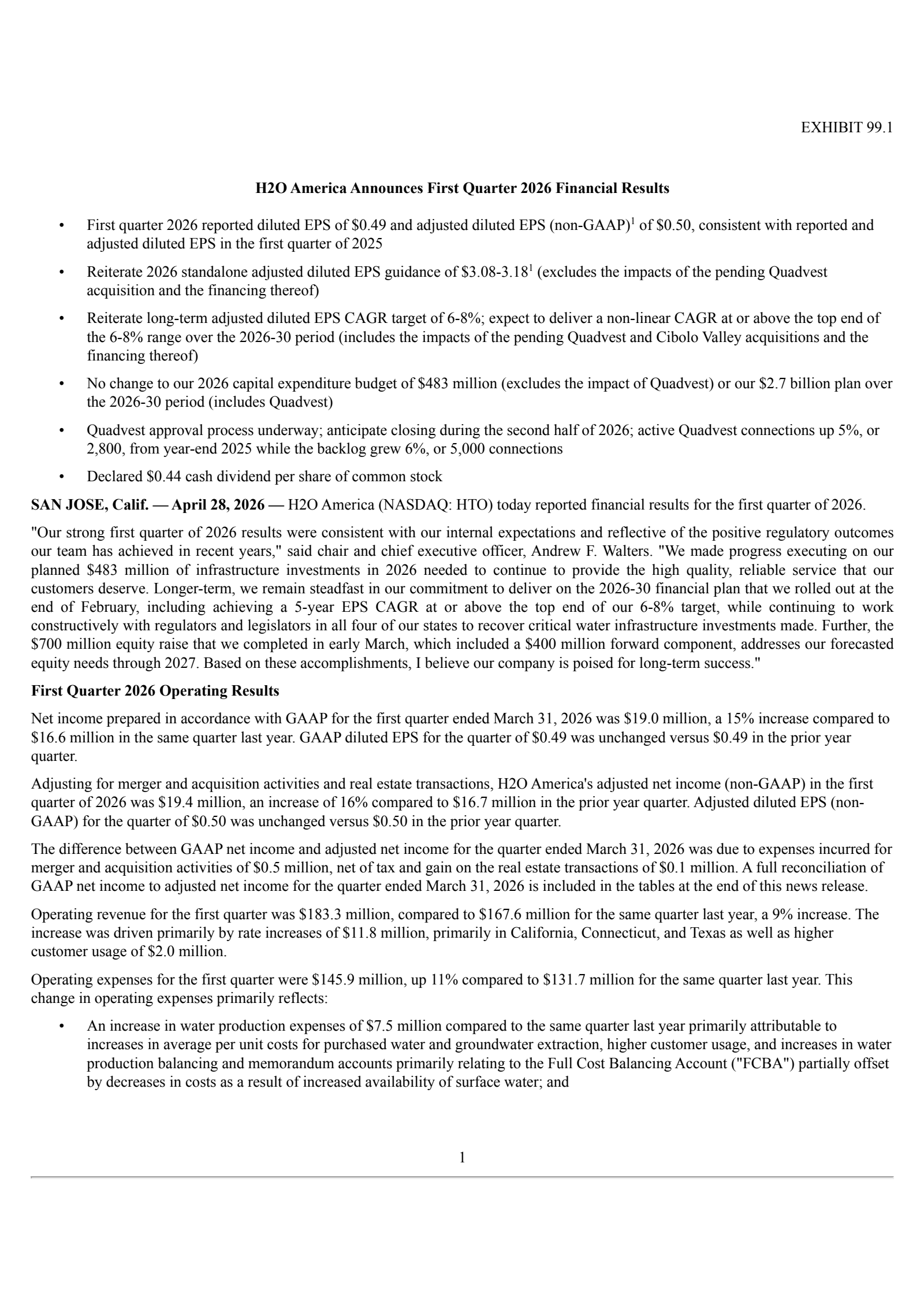 H2O America's Q1 2026 Press Release