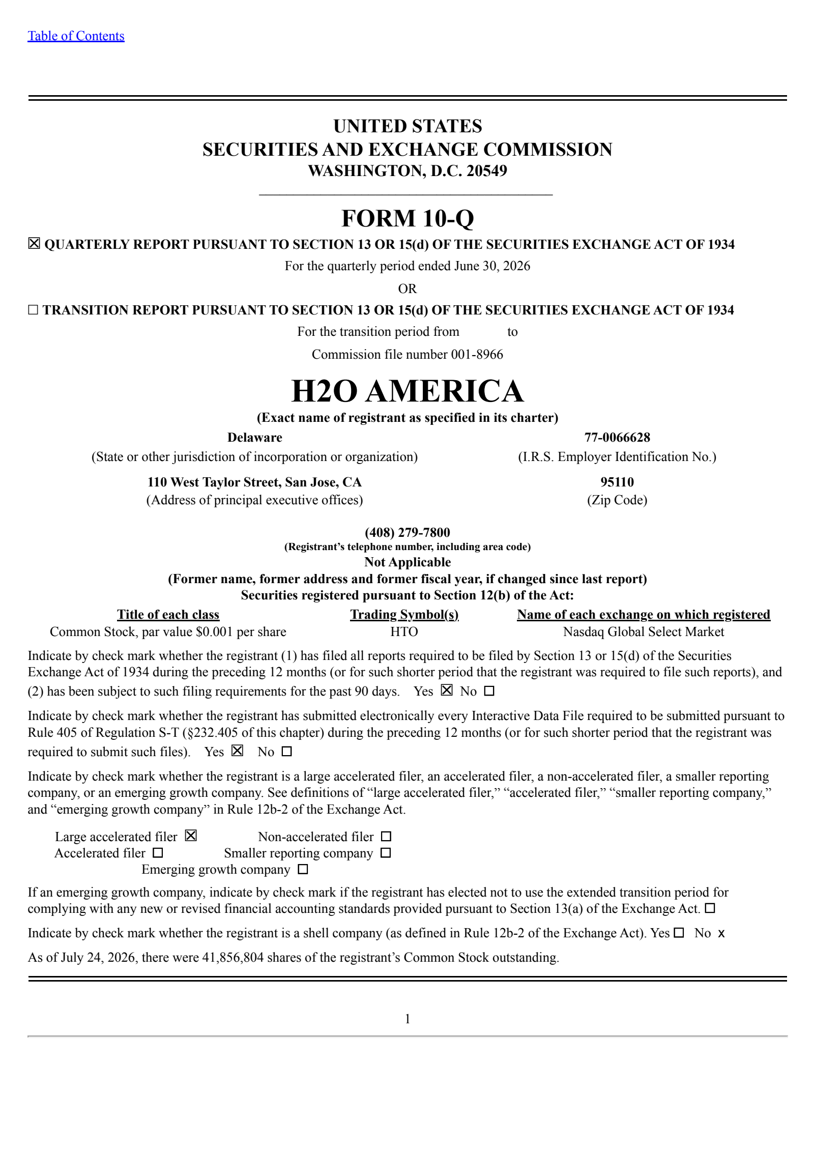 H2O America's Q2 2026 Quarterly report