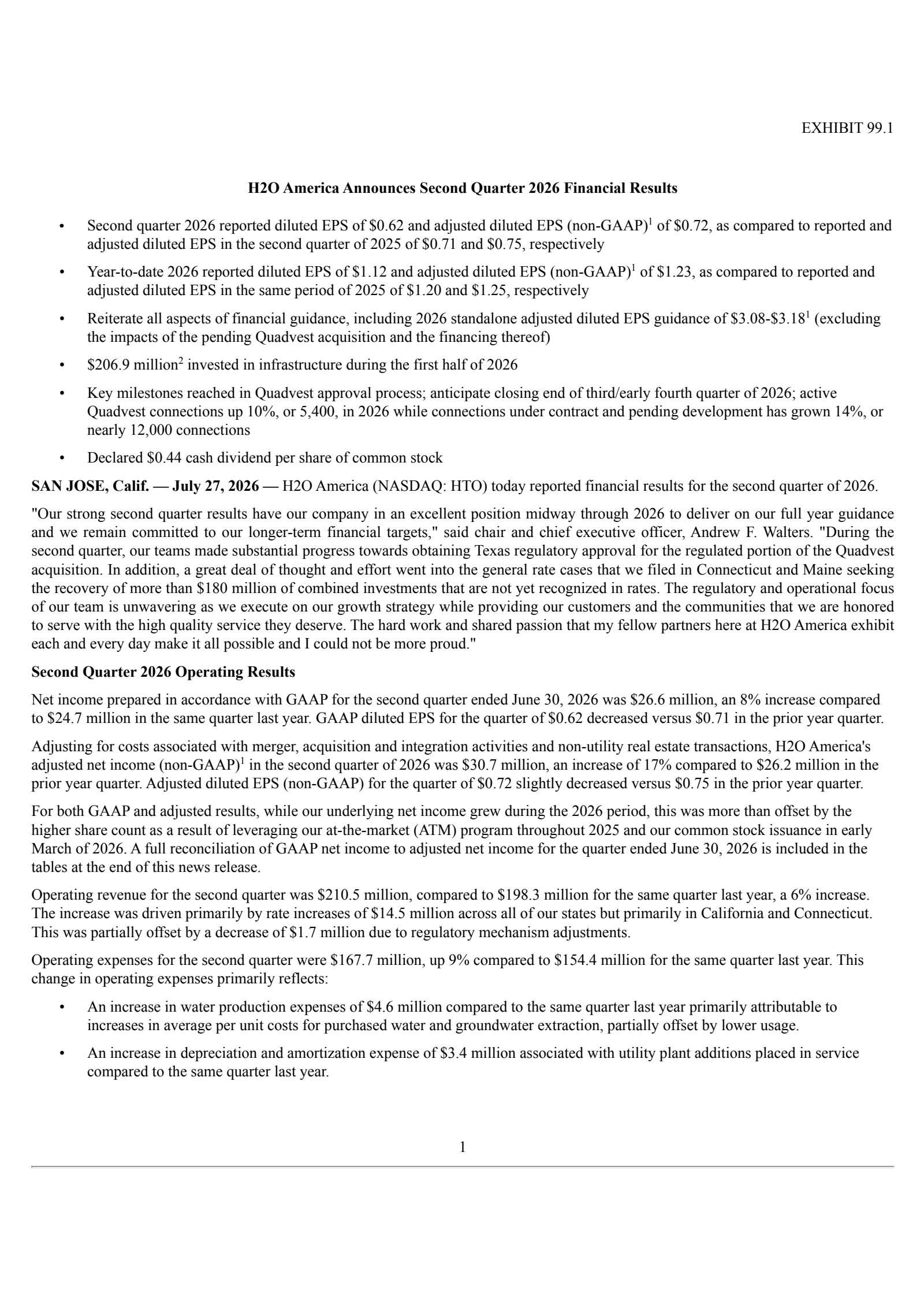 H2O America's Q2 2026 Press Release