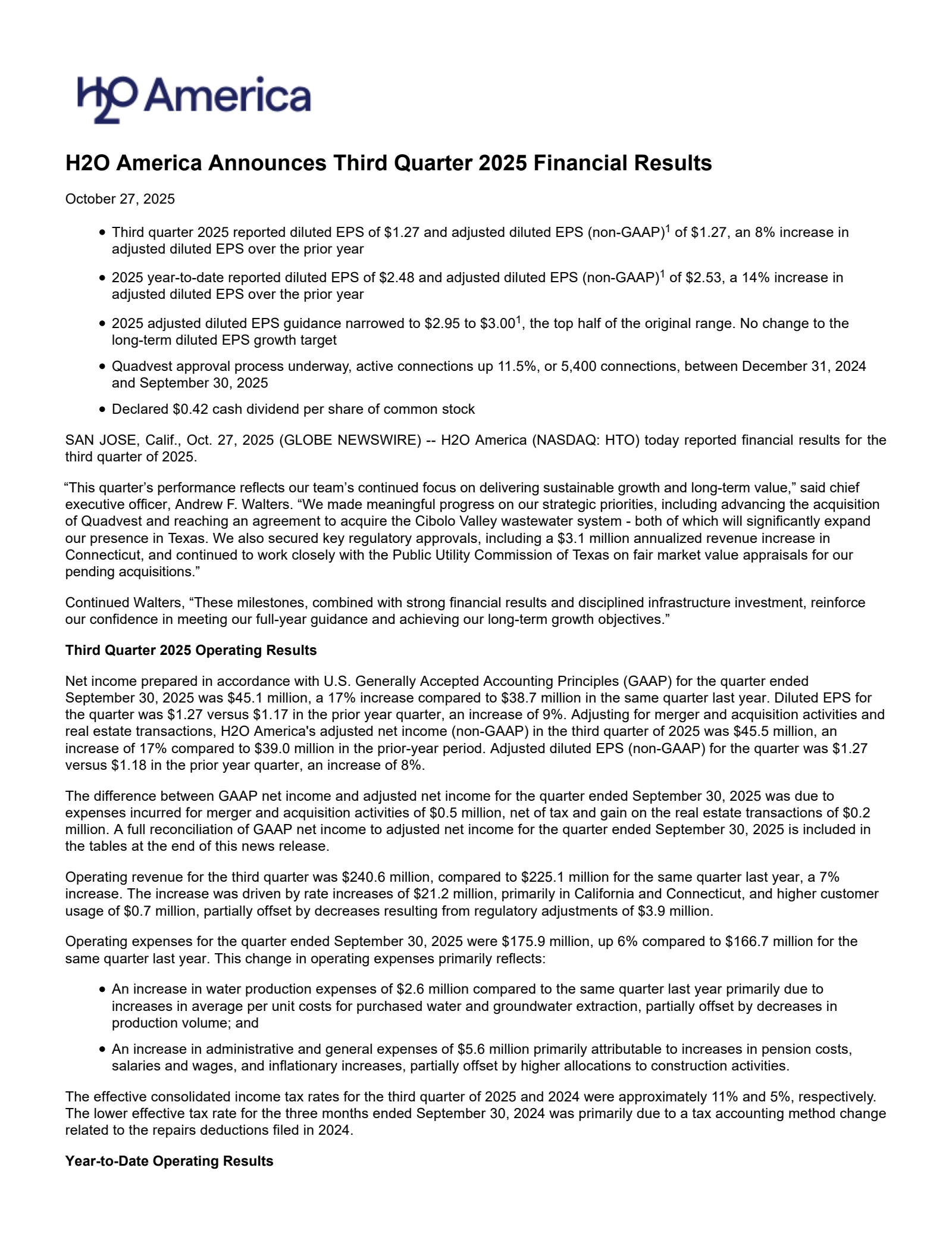 H2O America's Q3 2025 Earnings Release