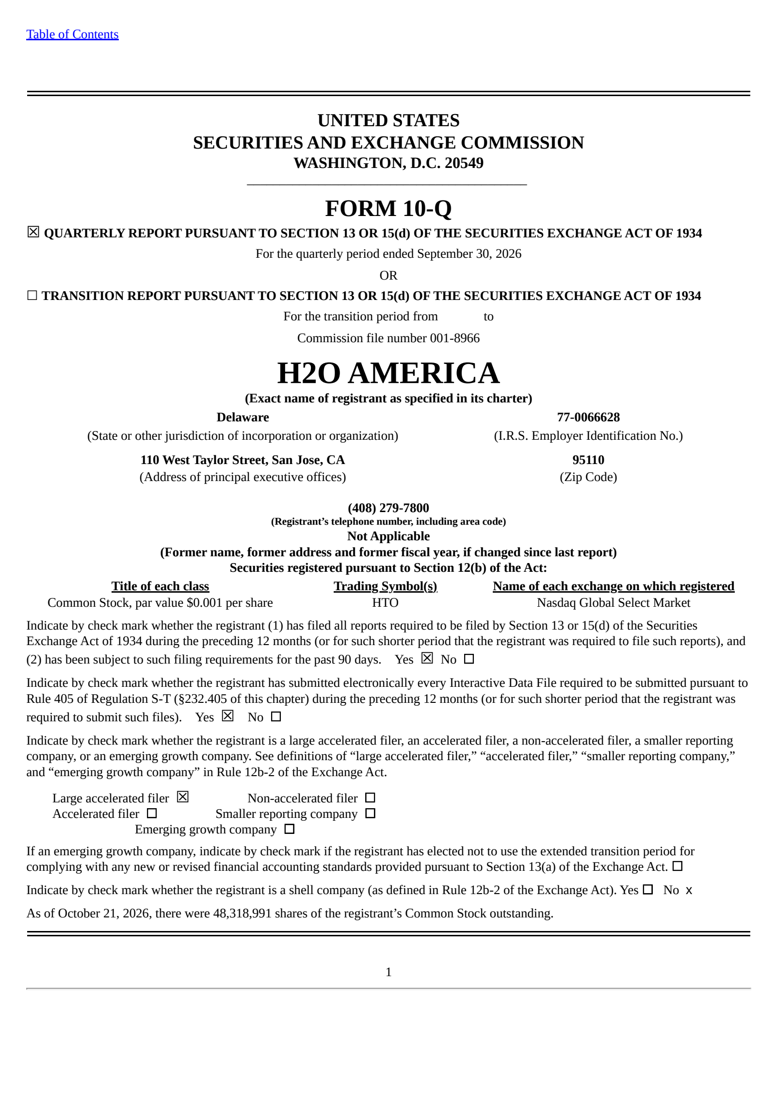 H2O America's Q3 2026 Quarterly report
