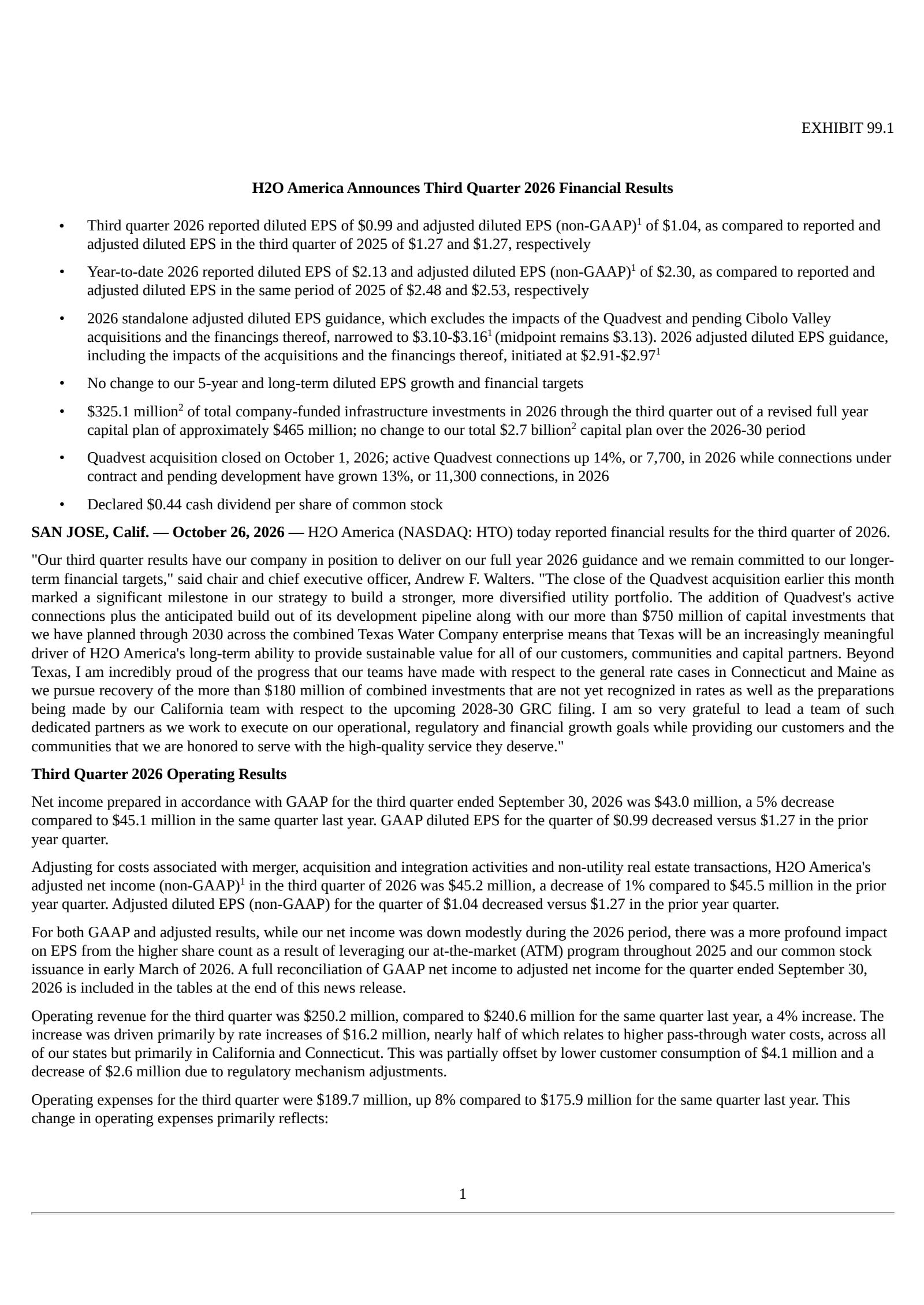 H2O America's Q3 2026 Press Release