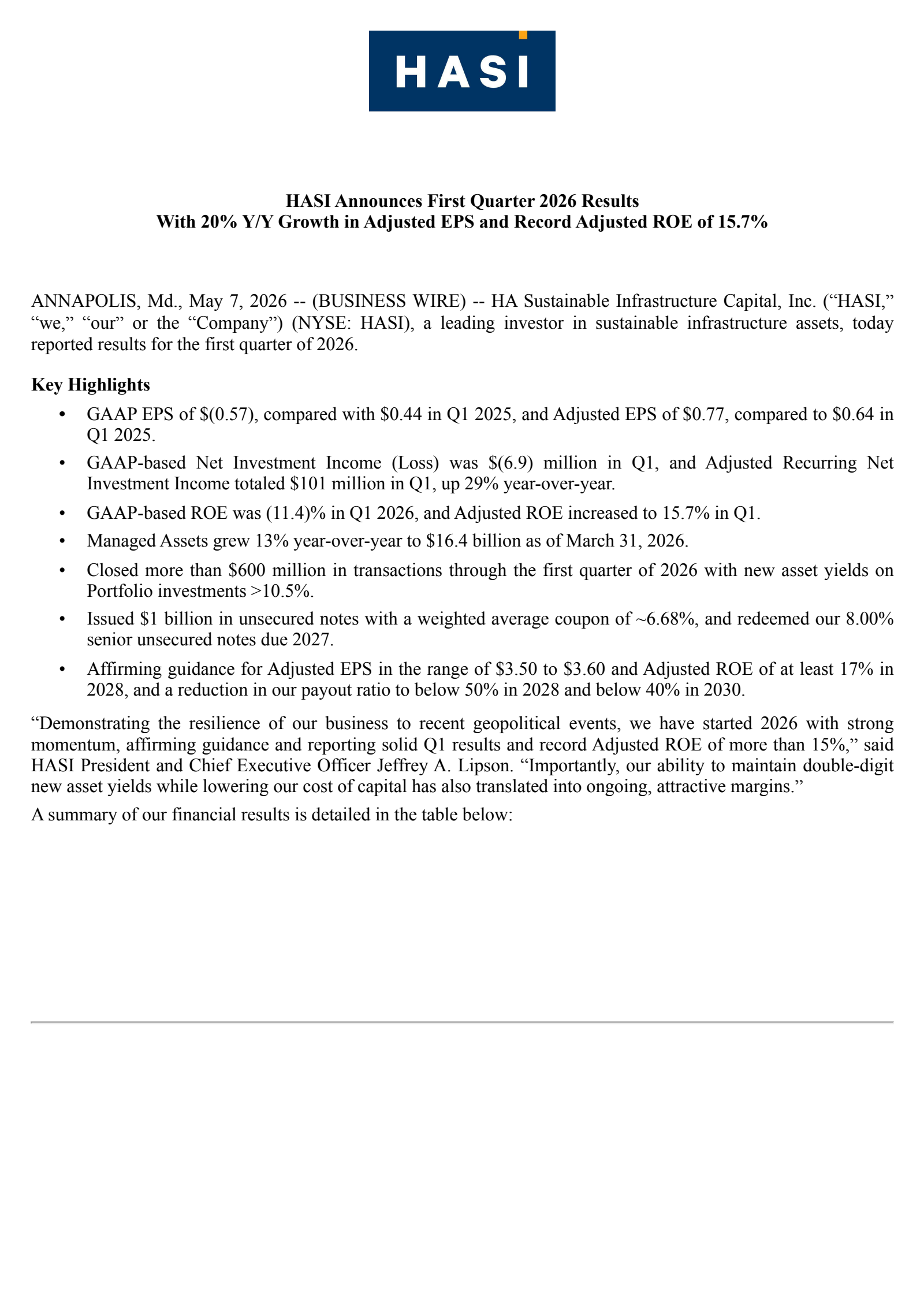 HASI Q1 2026 Earnings Report on 5/7/2026
