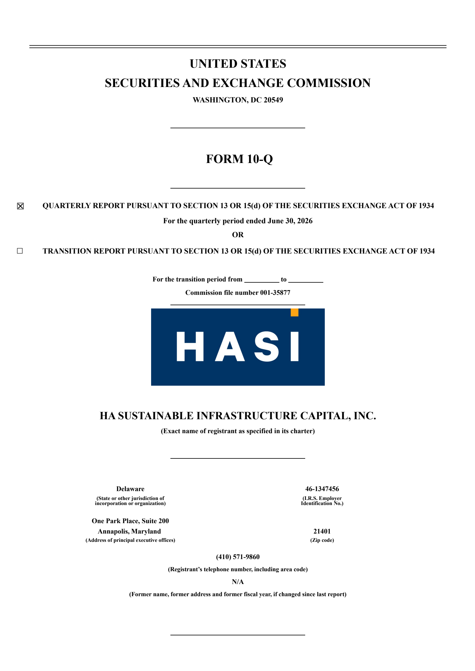 HA Sustainable Infrastructure Capital's Q2 2026 Quarterly report