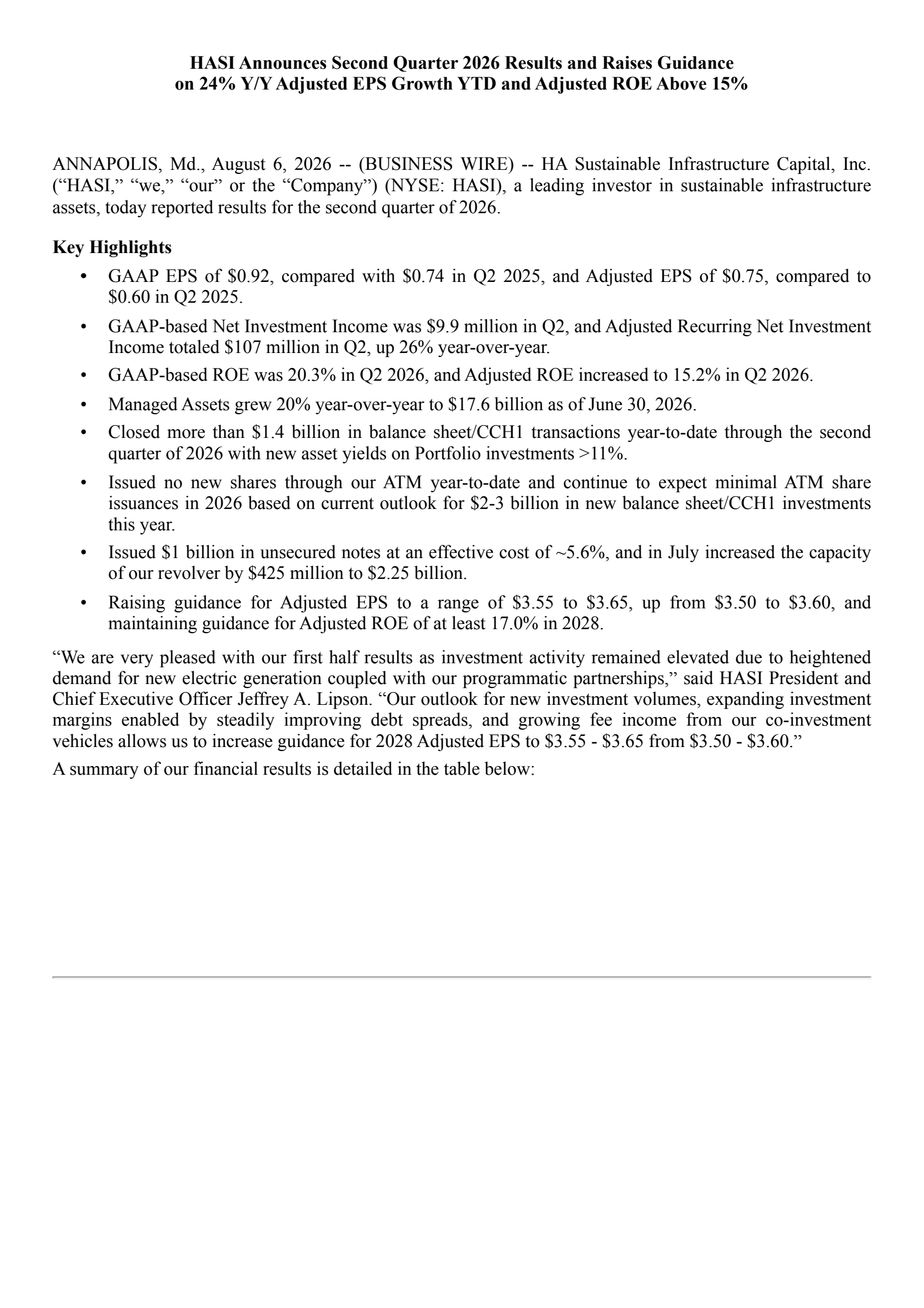 HA Sustainable Infrastructure Capital's Q2 2026 Press Release