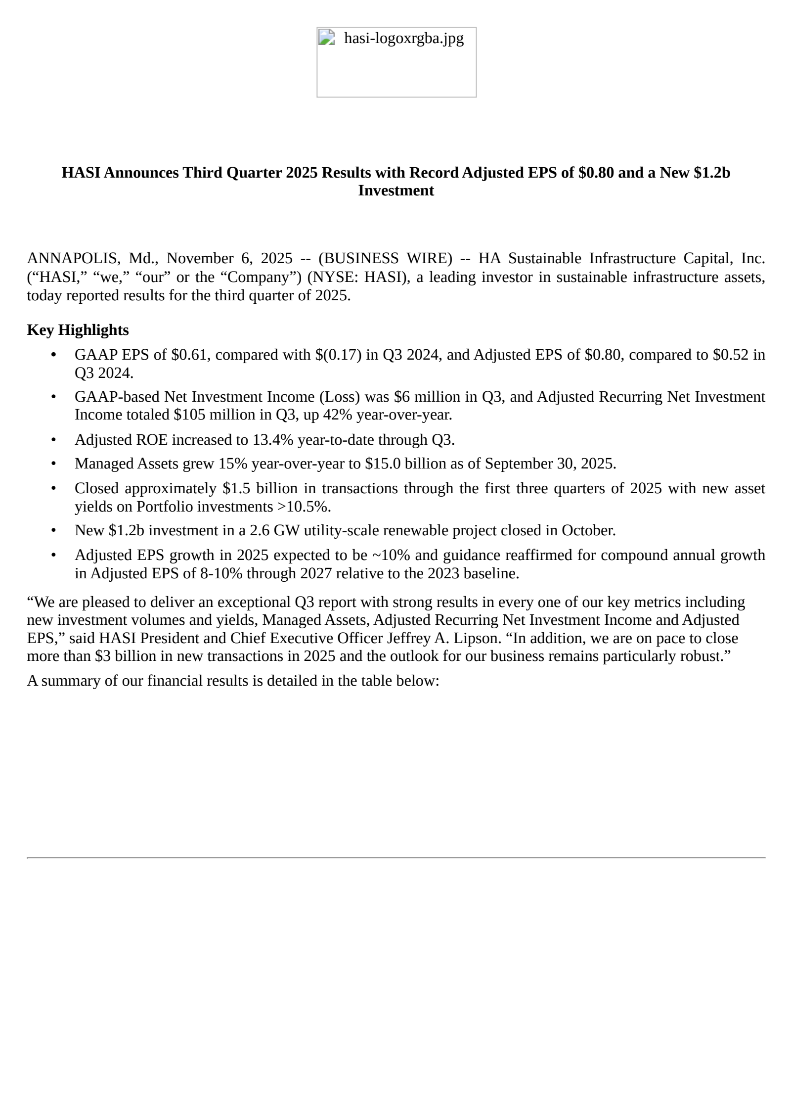 HA Sustainable Infrastructure Capital's Q3 2025 Earnings Release