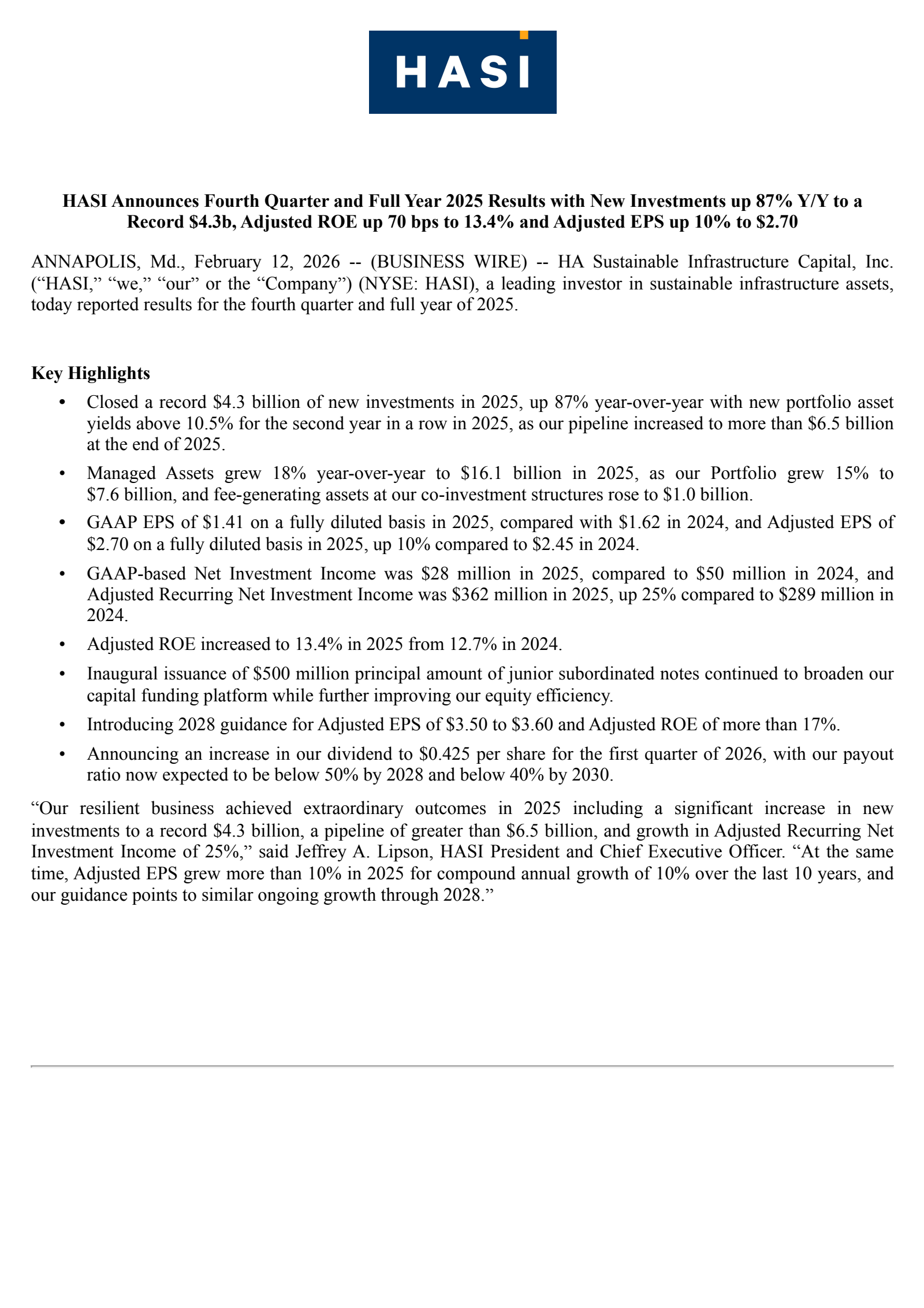 HA Sustainable Infrastructure Capital's Q4 2025 Press Release