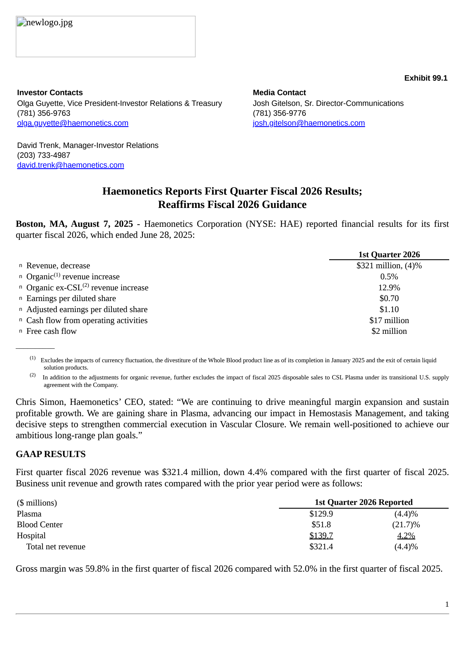 Haemonetics' Q1 2026 Press Release