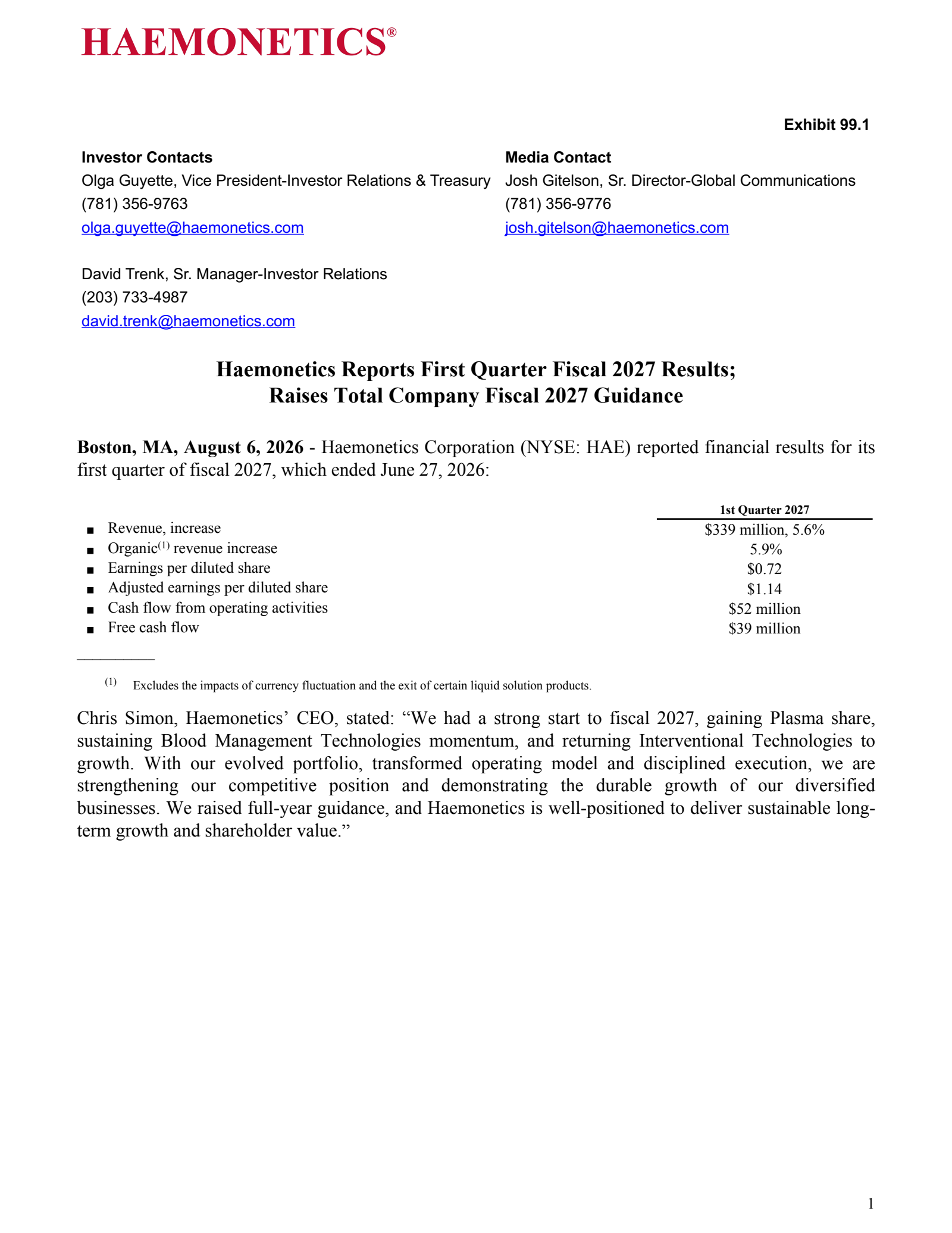 Haemonetics' Q1 2027 Press Release