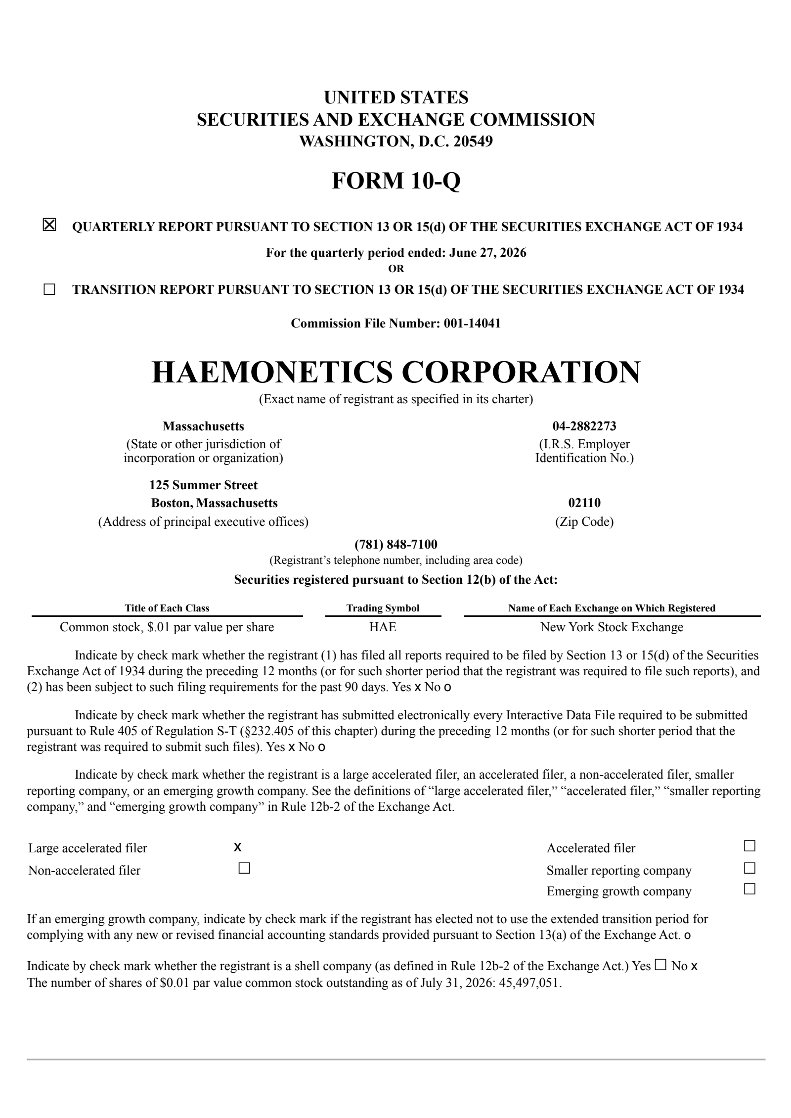 Haemonetics' Q1 2027 Quarterly report