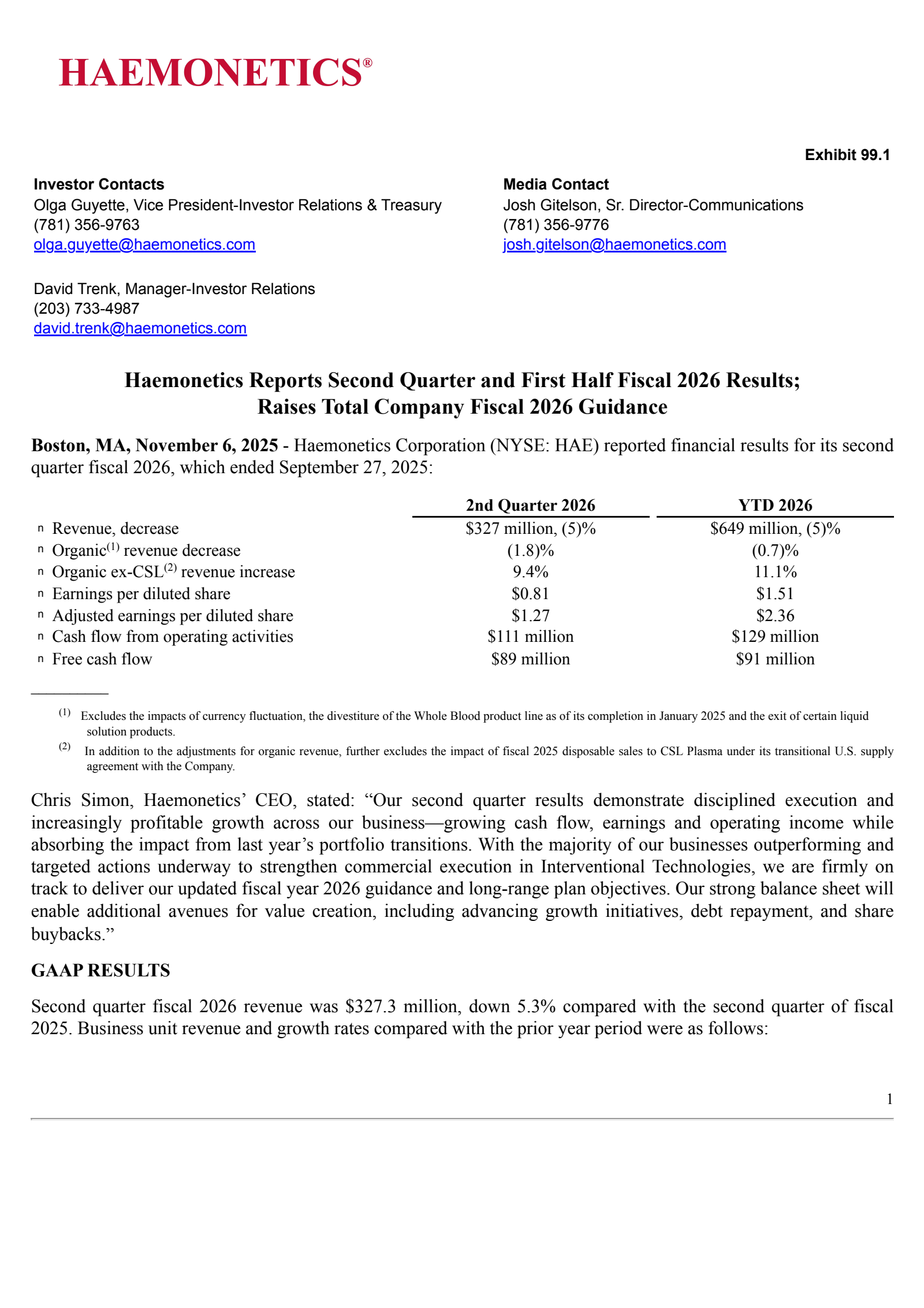 Haemonetics' Q2 2026 Earnings Release