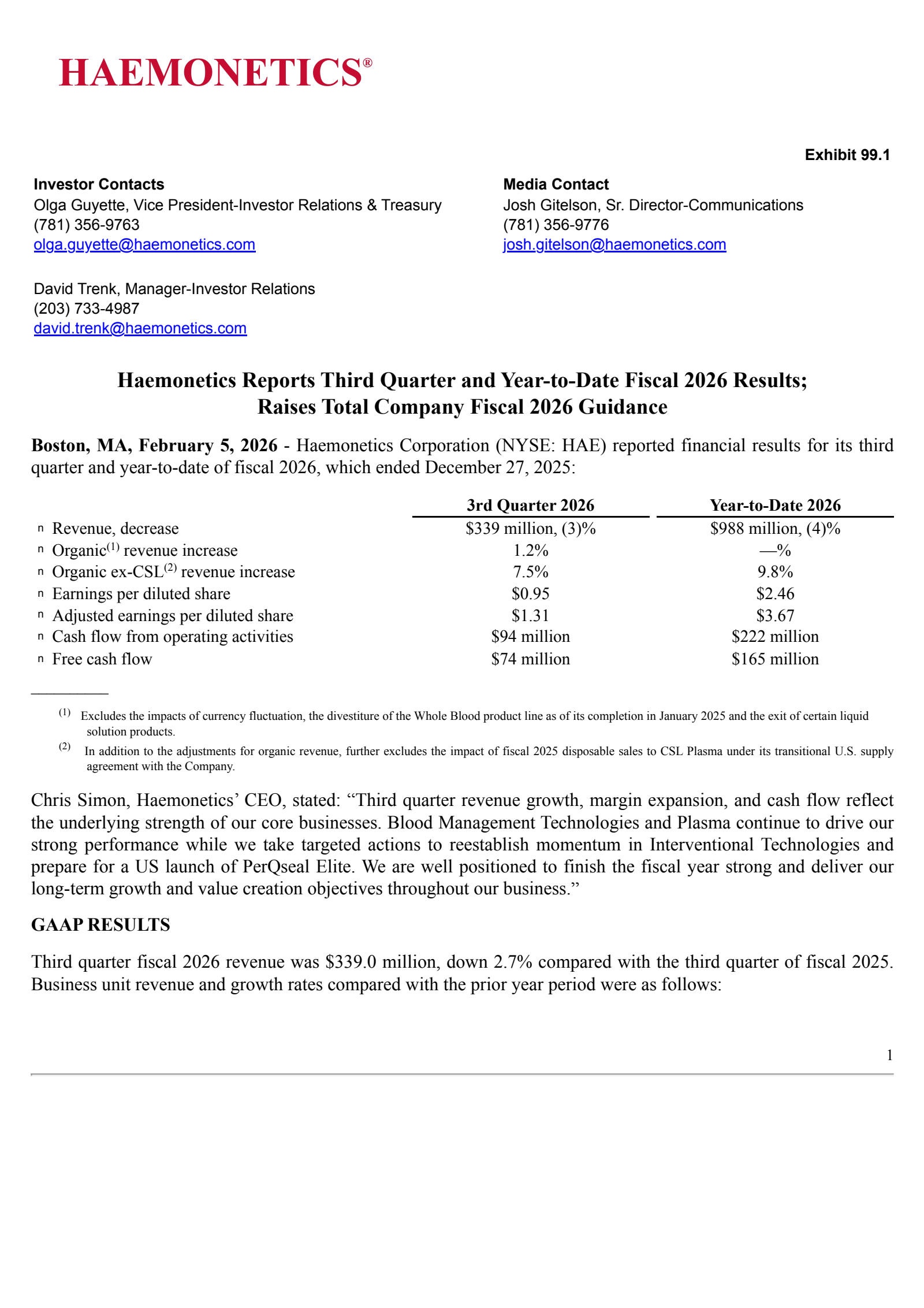 Haemonetics' Q3 2026 Press Release