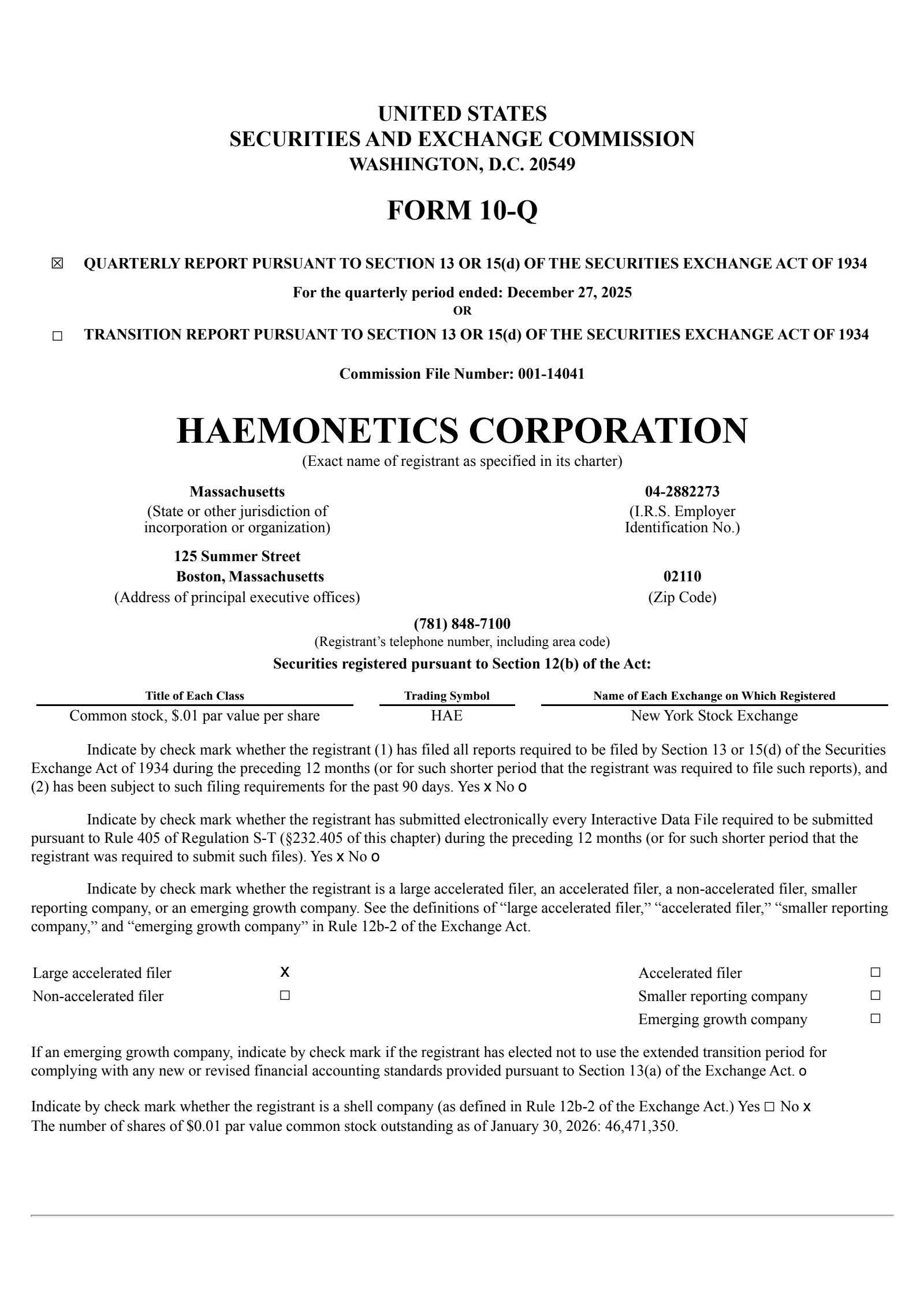 Haemonetics' Q3 2026 Quarterly report