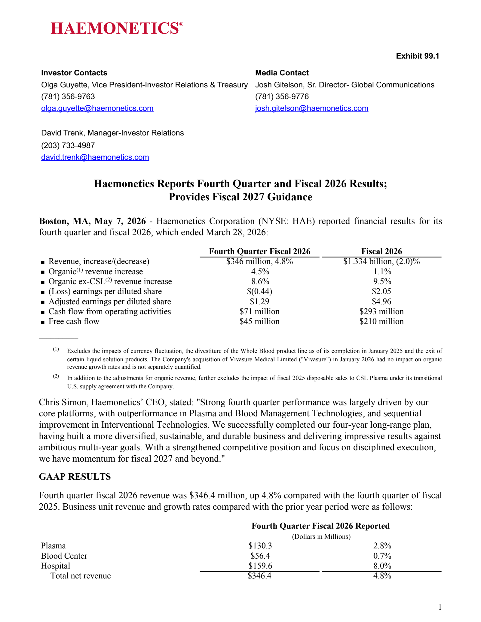 Haemonetics' Q4 2026 Press Release