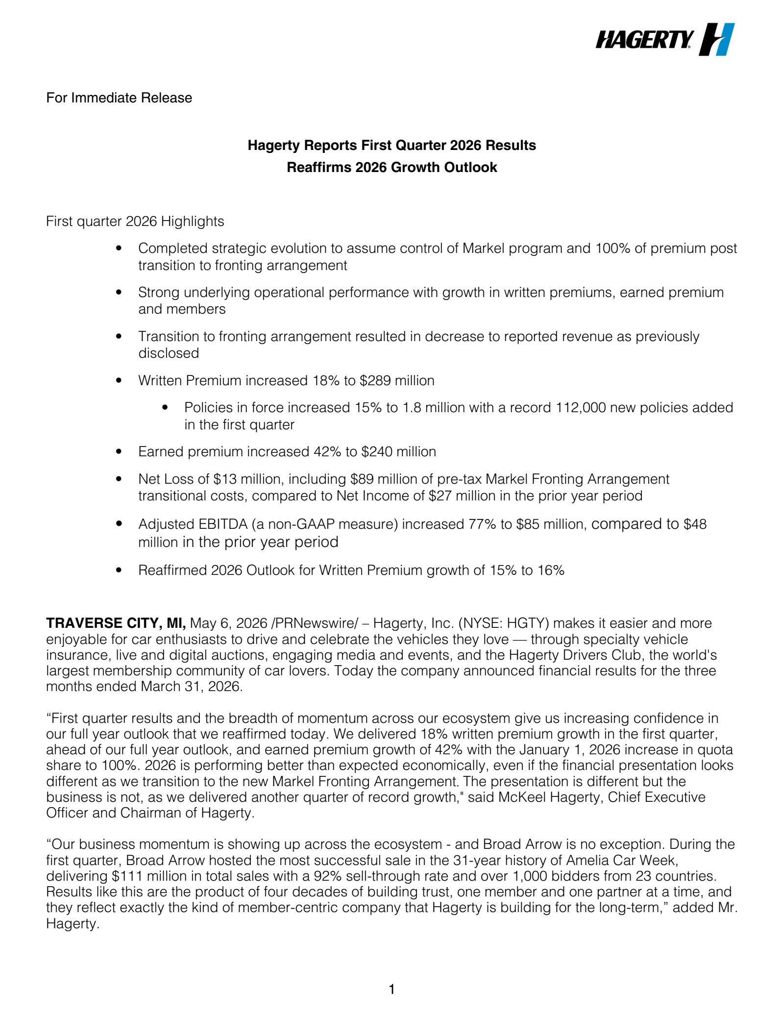 Hagerty's Q1 2026 Press Release