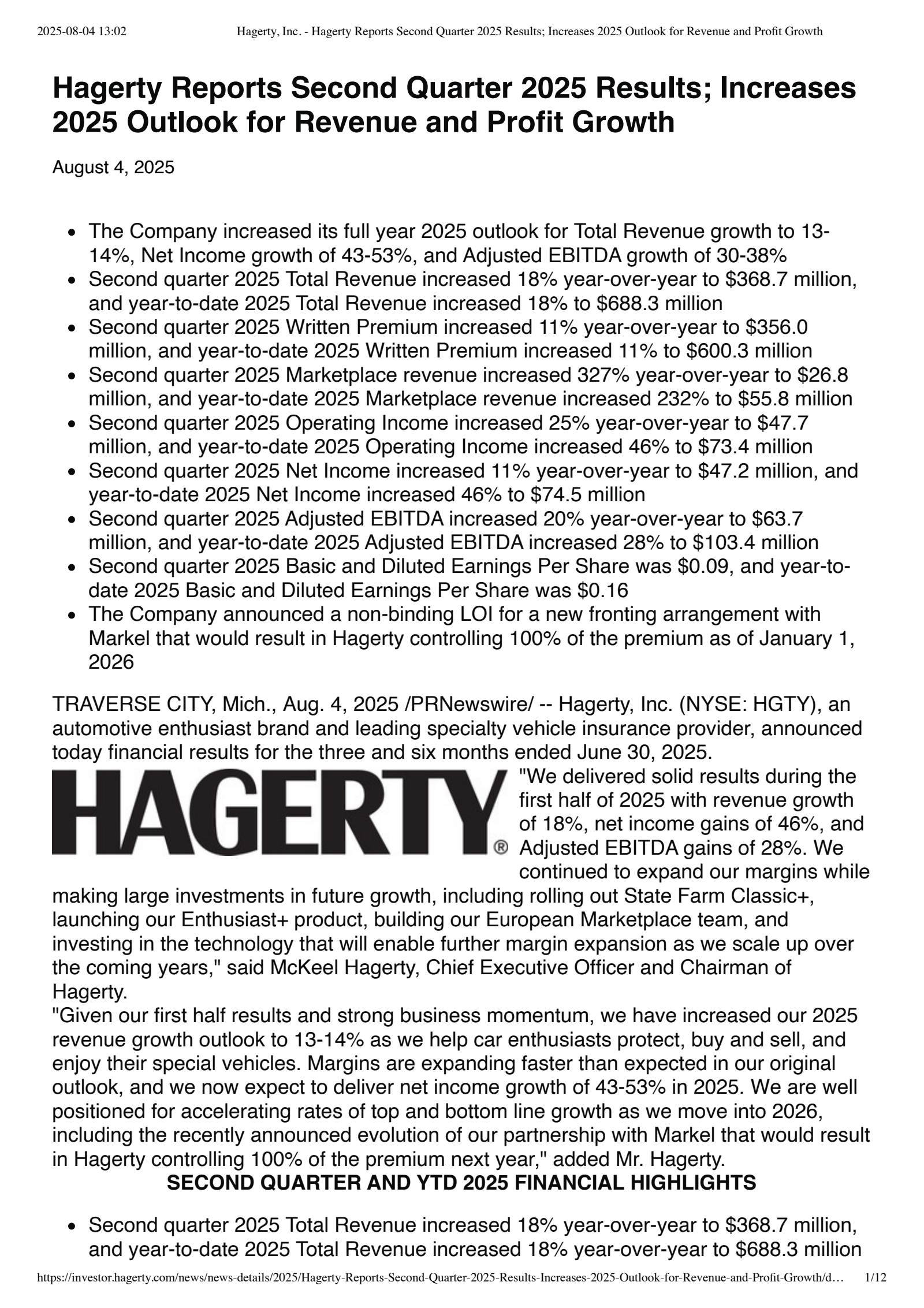 Hagerty's Q2 2025 Press Release