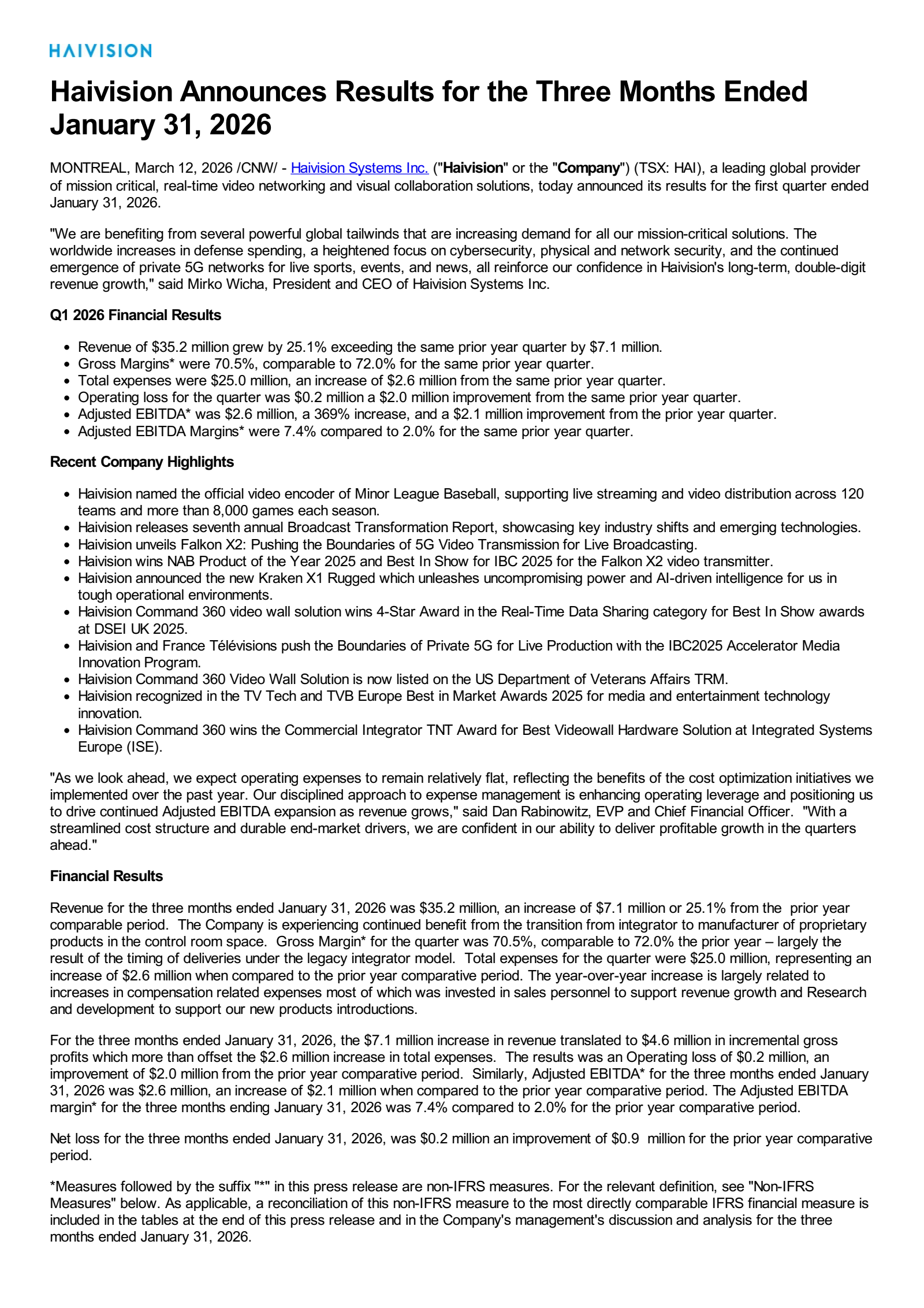 Haivision Systems' Q1 2026 Press Release