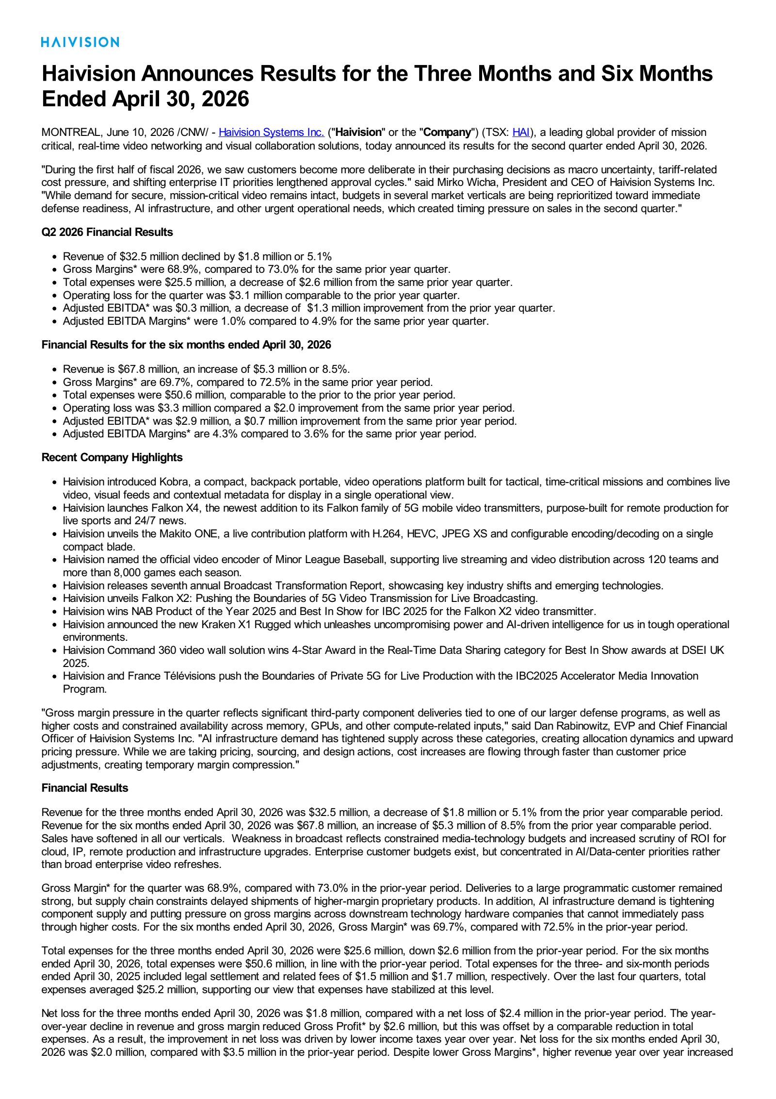 Haivision Systems' Q2 2026 Press Release