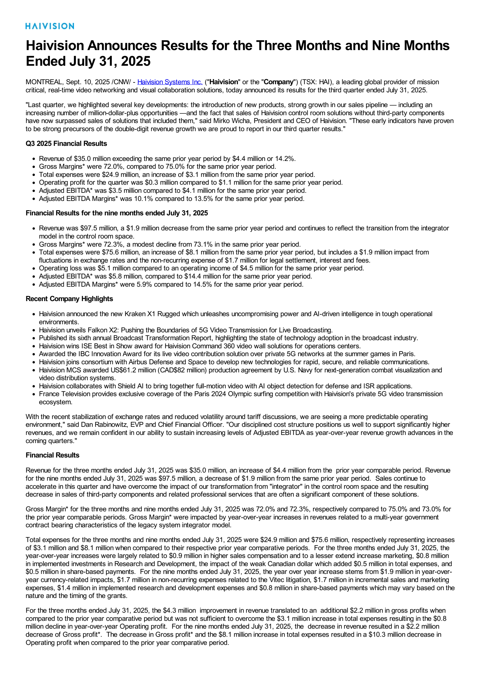 Haivision Systems' Q3 2025 Press Release