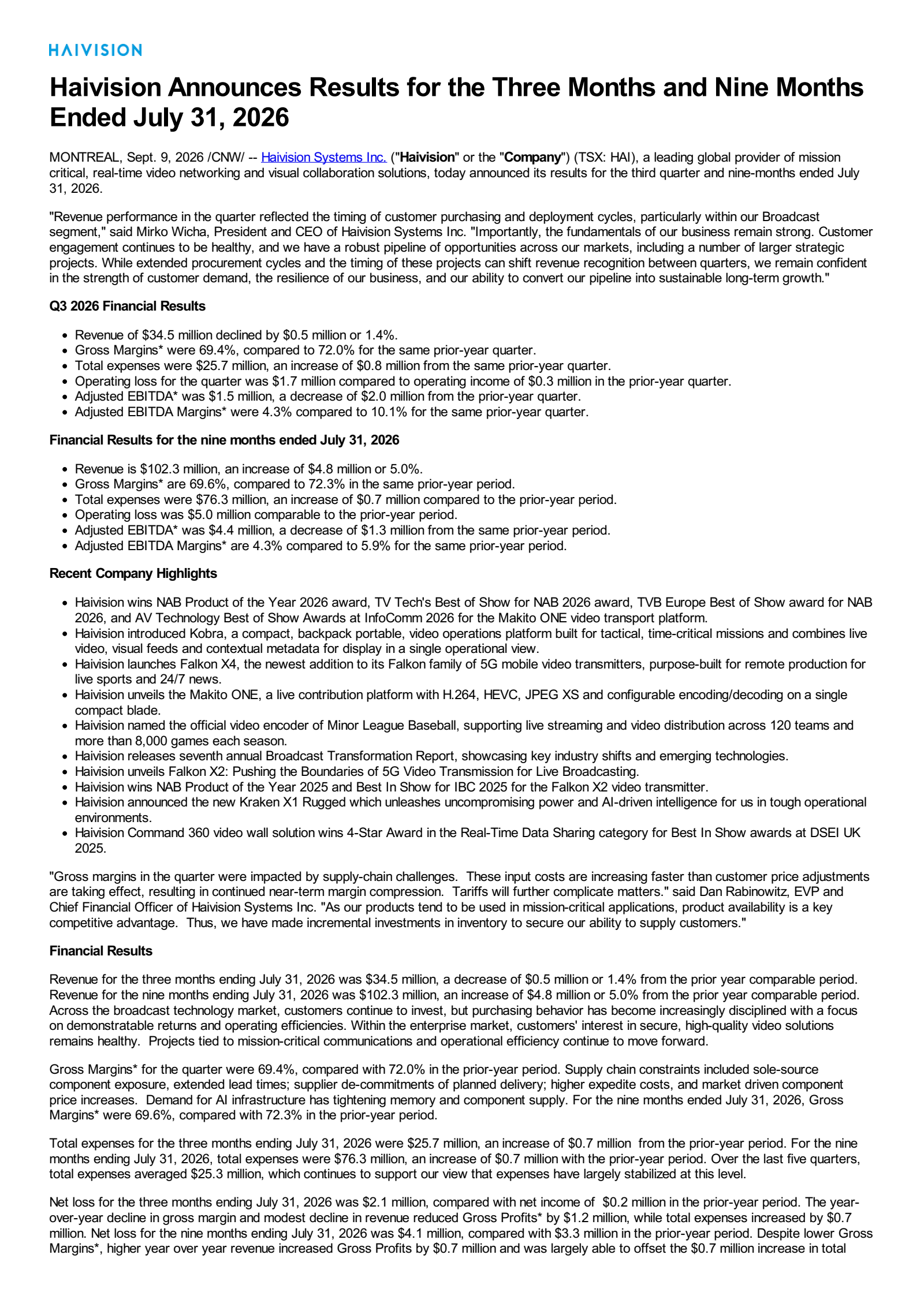 Haivision Systems' Q3 2026 Press Release
