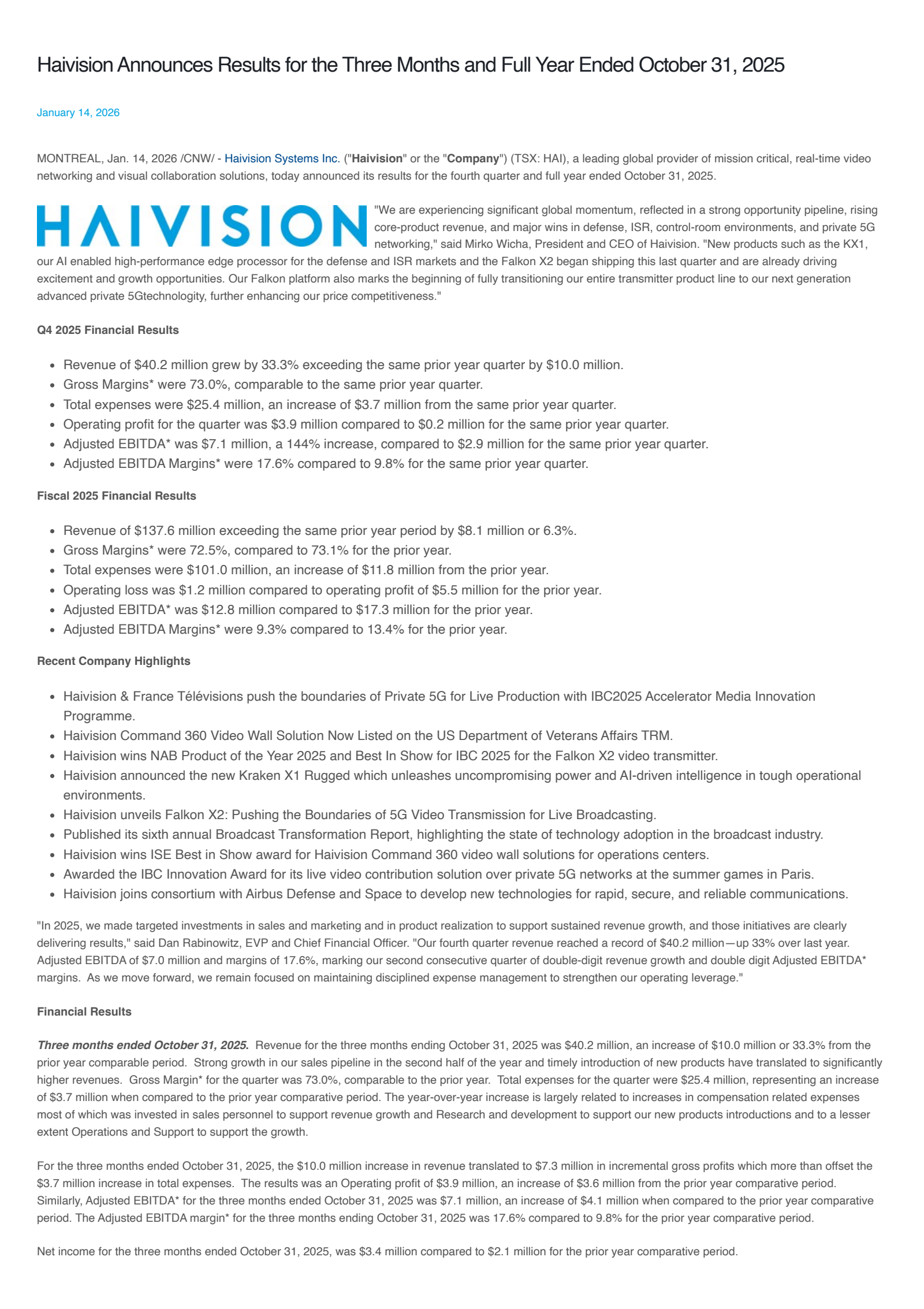 Haivision Systems' Q4 2025 Press Release