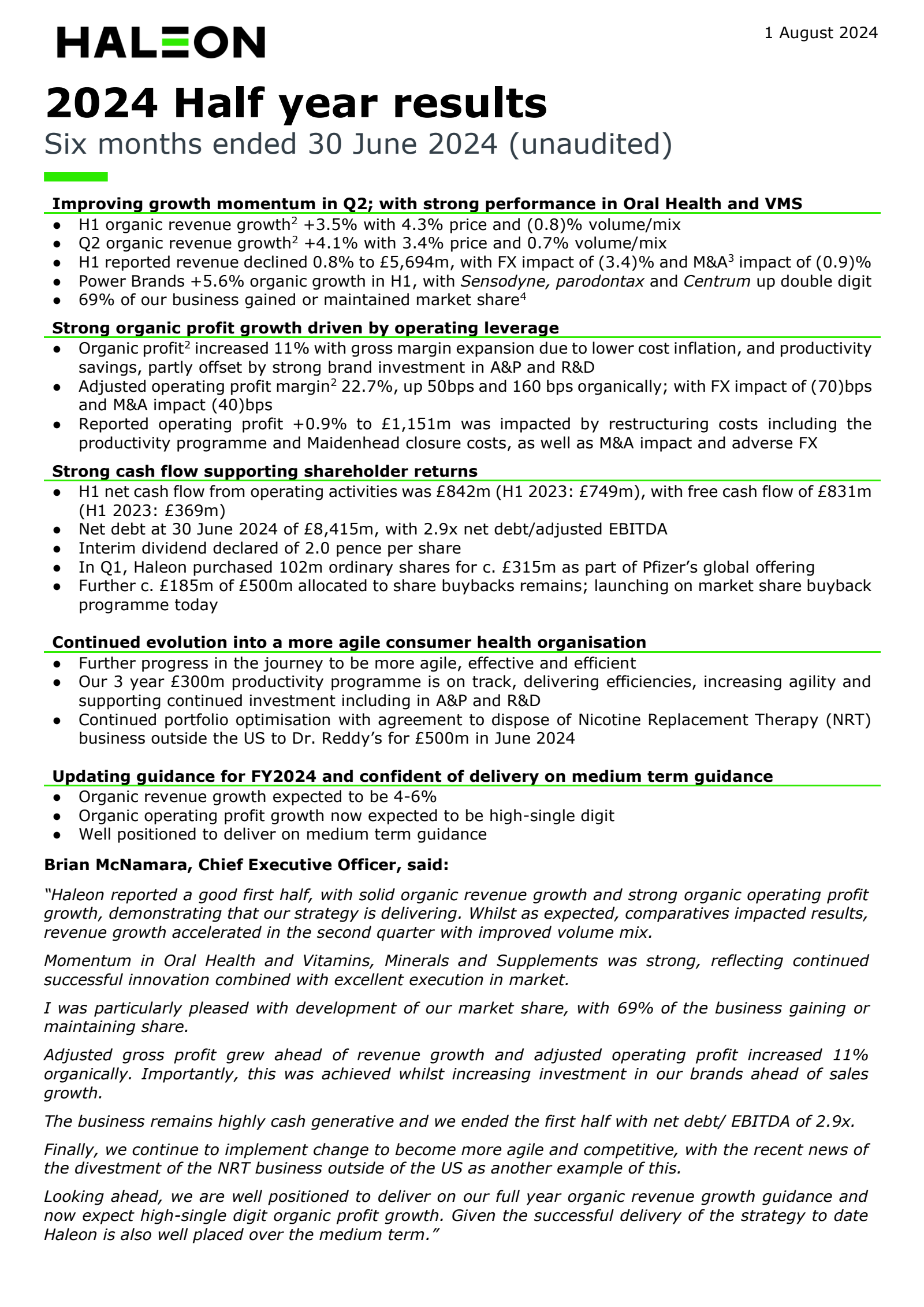 Haleon's H1 2024 Interim Report