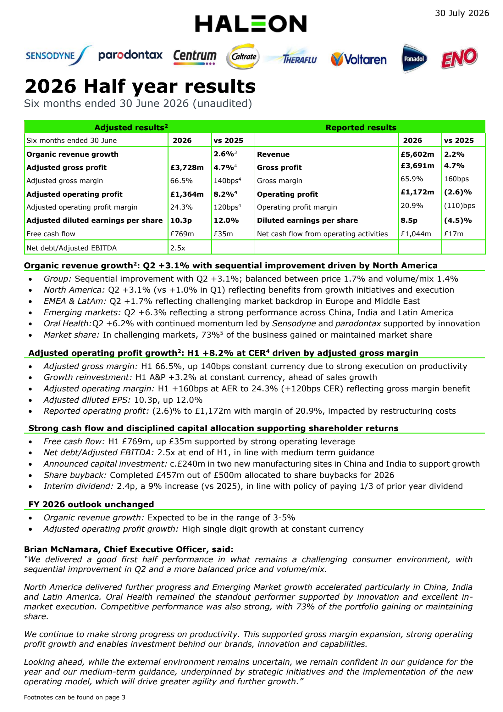 Haleon's H1 2026 Interim report