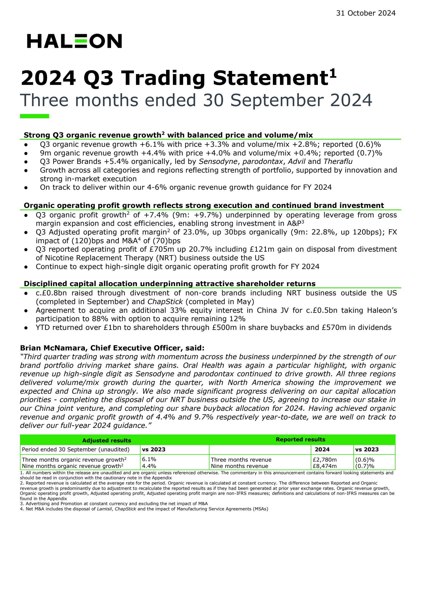 Haleon's Q3 2024 TU Earnings Release