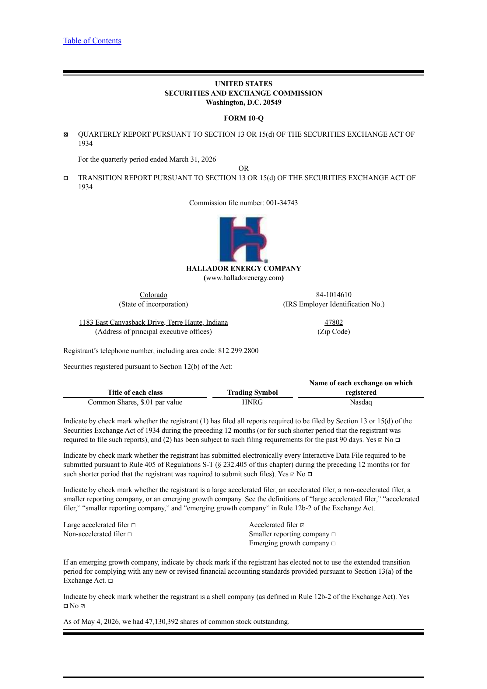 Hallador Energy's Q1 2026 Quarterly report