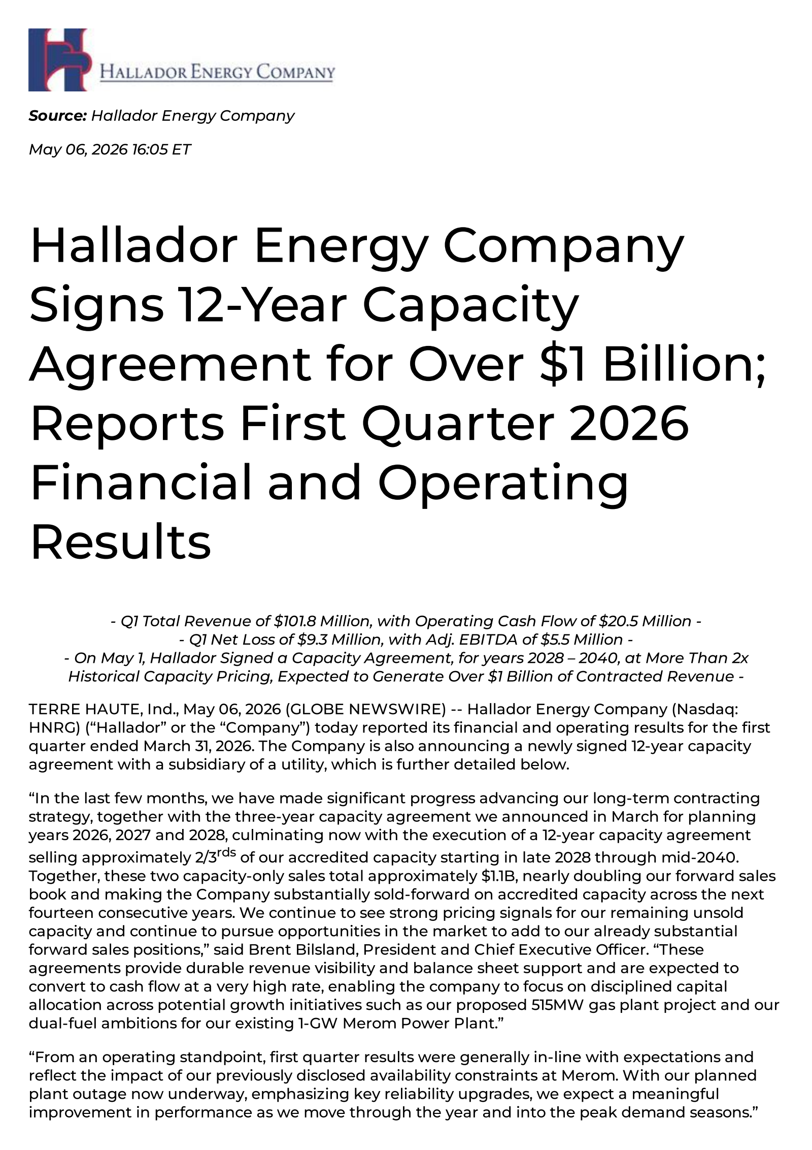 Hallador Energy's Q1 2026 Press Release