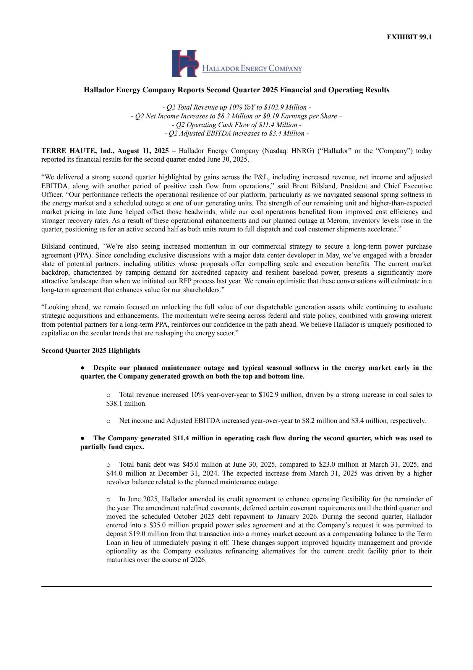 Hallador Energy's Q2 2025 Press Release