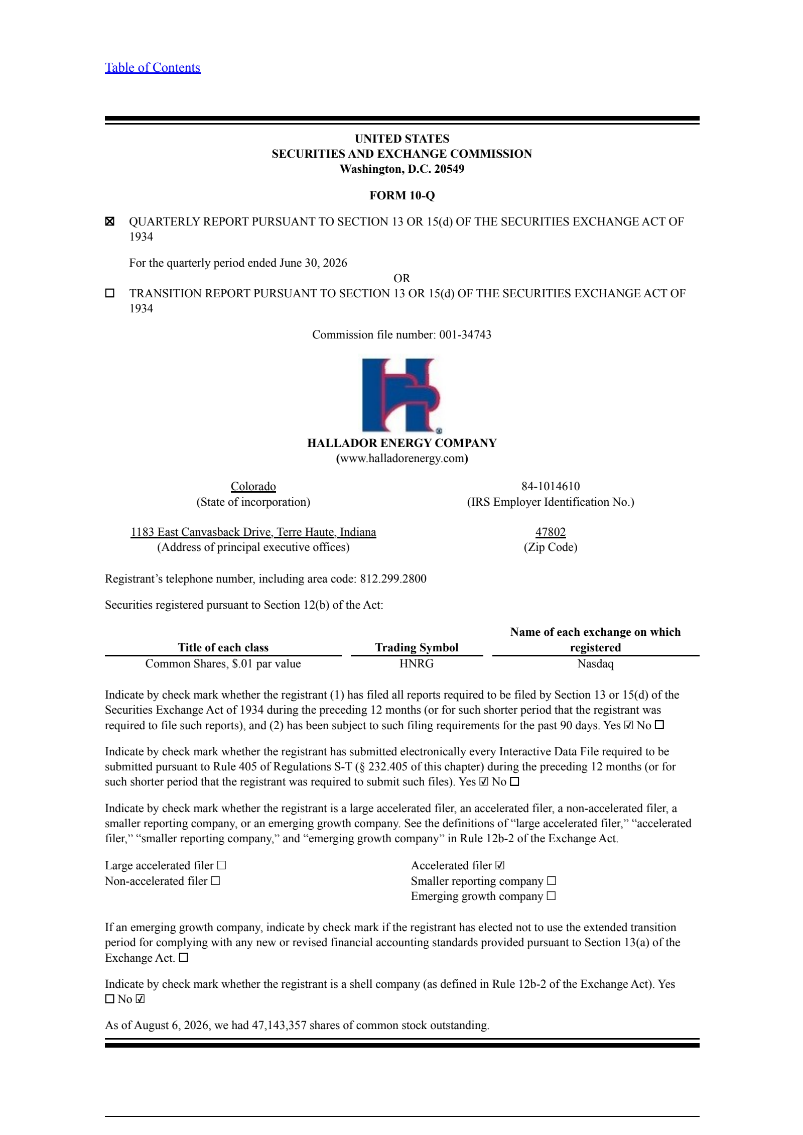 Hallador Energy's Q2 2026 Quarterly report