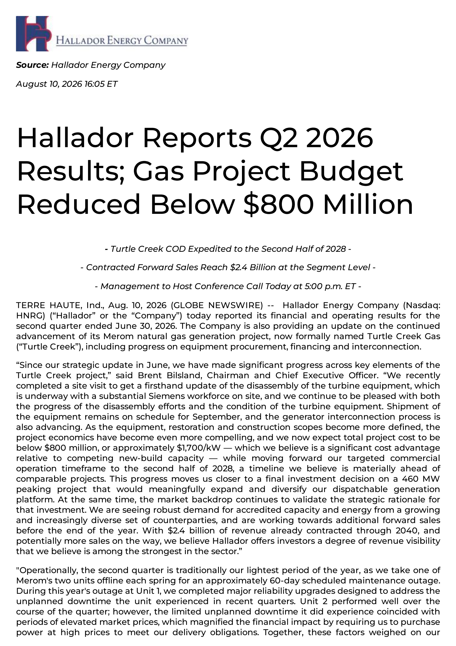 Hallador Energy's Q2 2026 Press Release