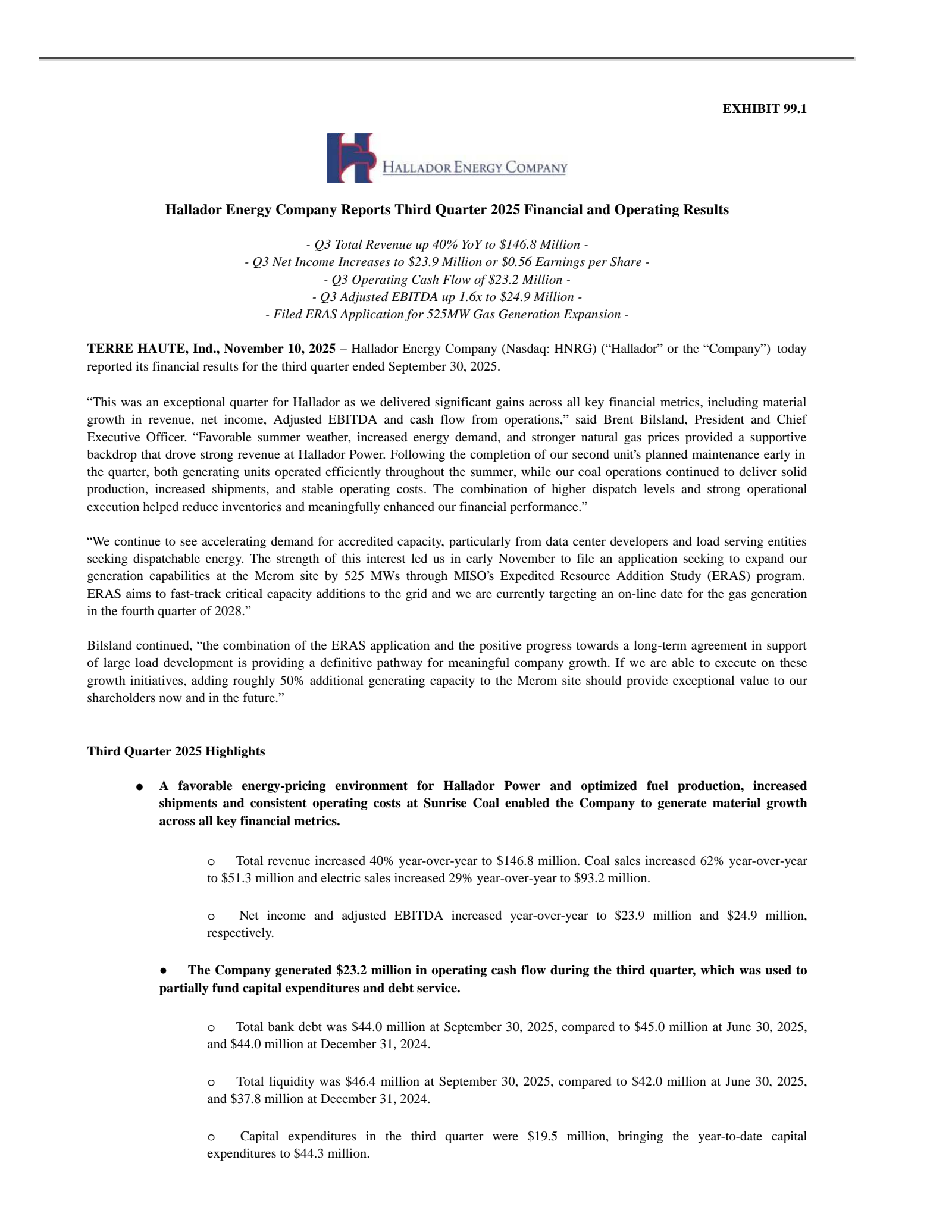 Hallador Energy's Q3 2025 Earnings Release