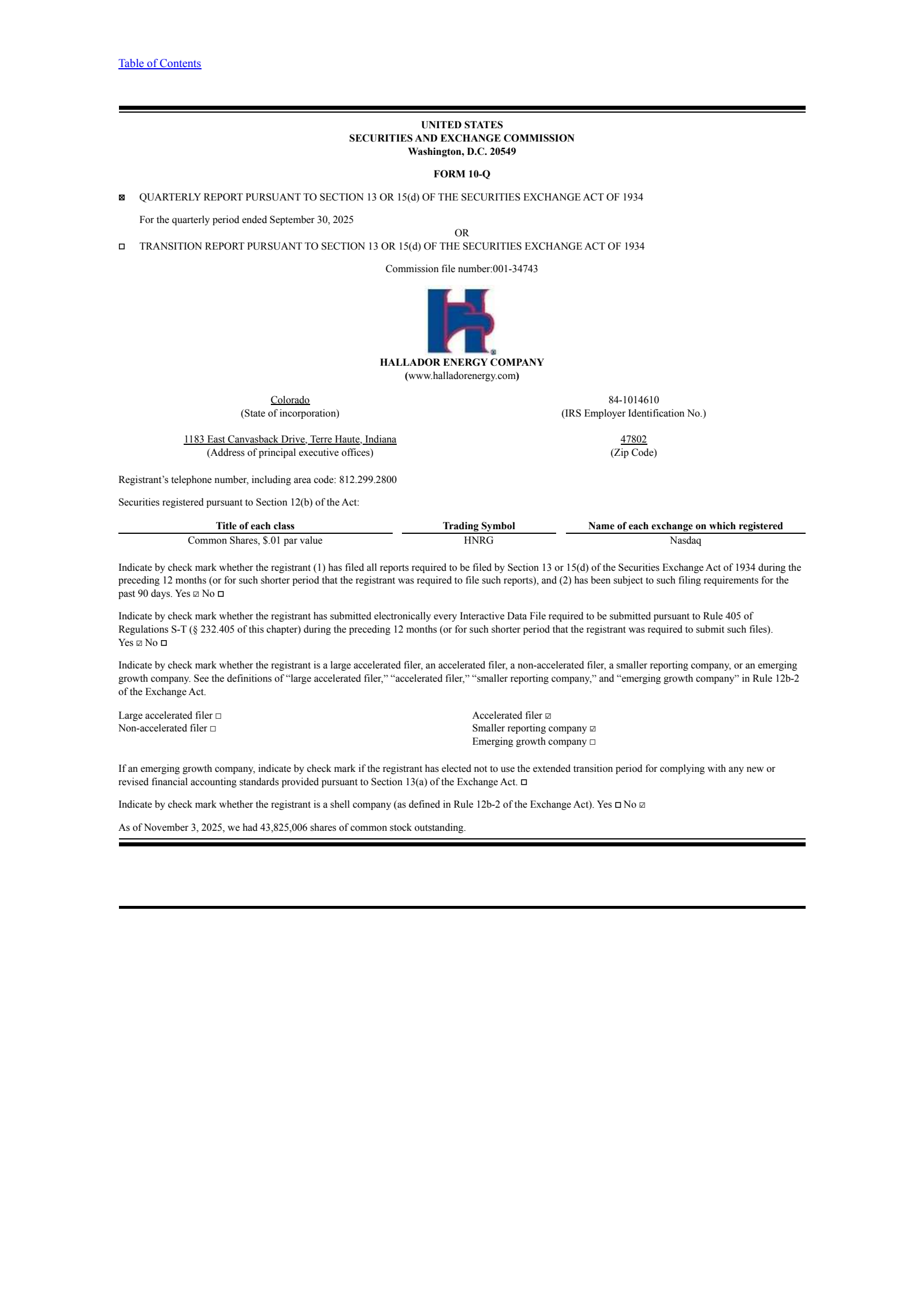 Hallador Energy's Q3 2025 Quarterly Report