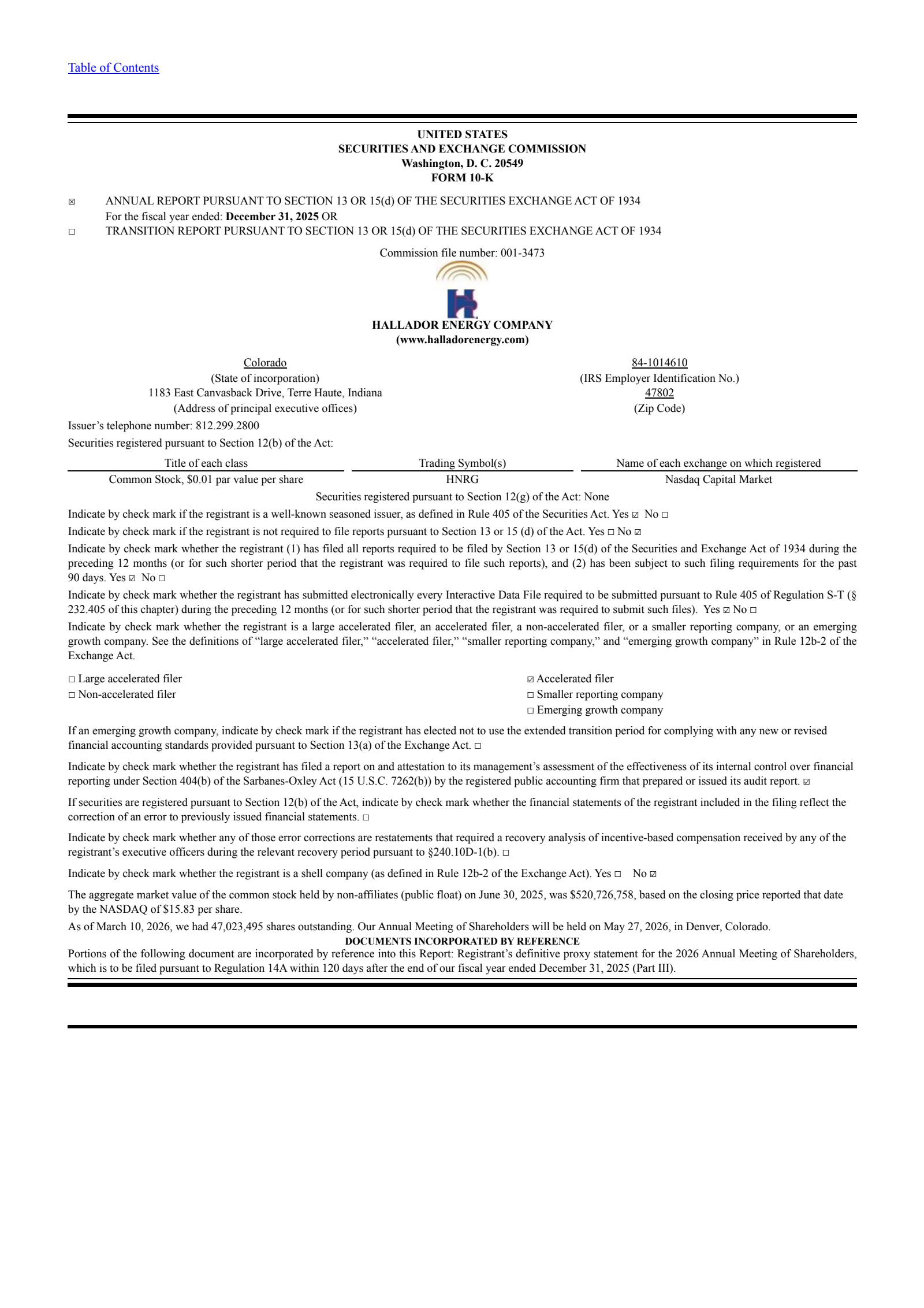 Hallador Energy's Q4 2025 Annual report