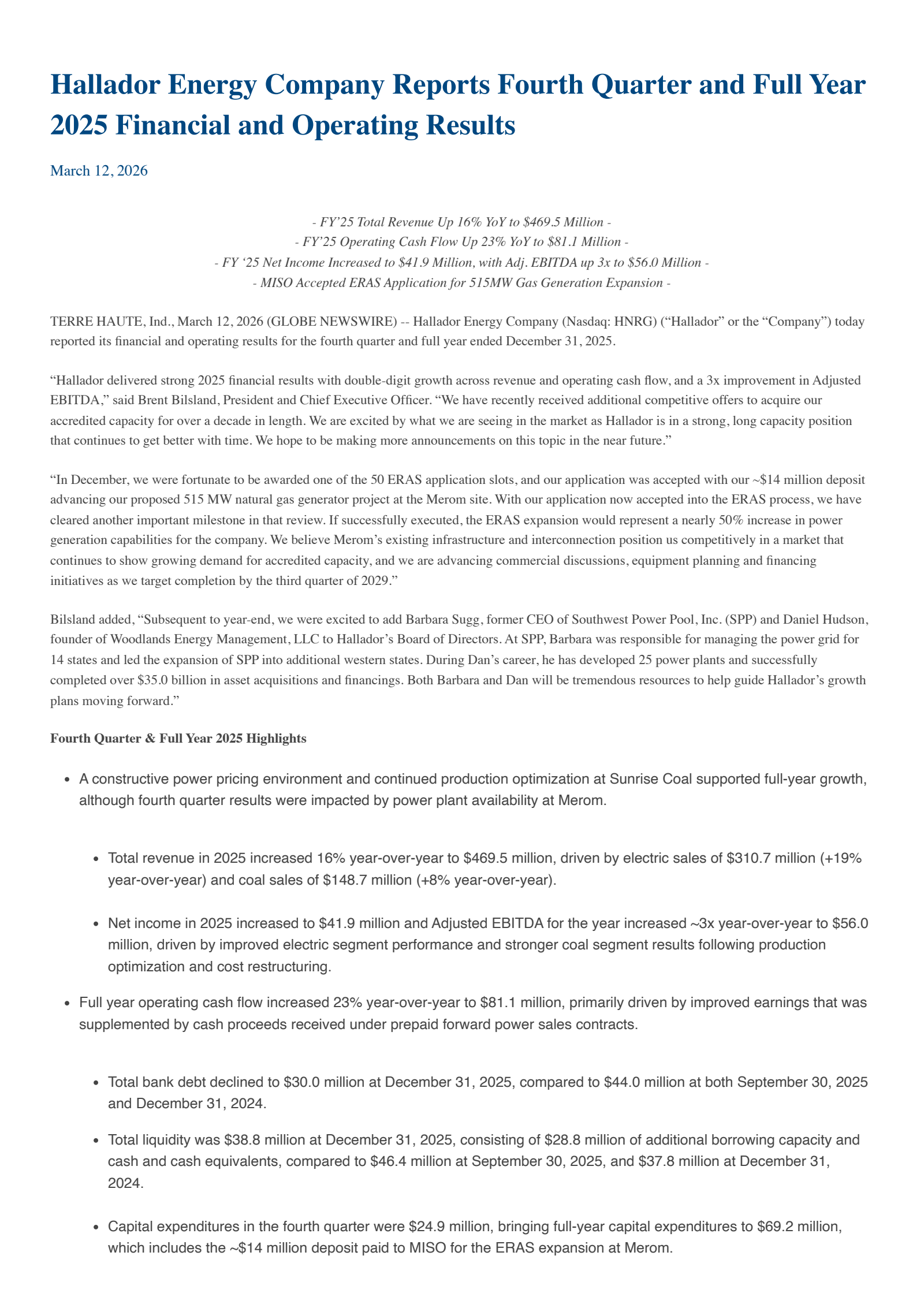 Hallador Energy's Q4 2025 Press Release