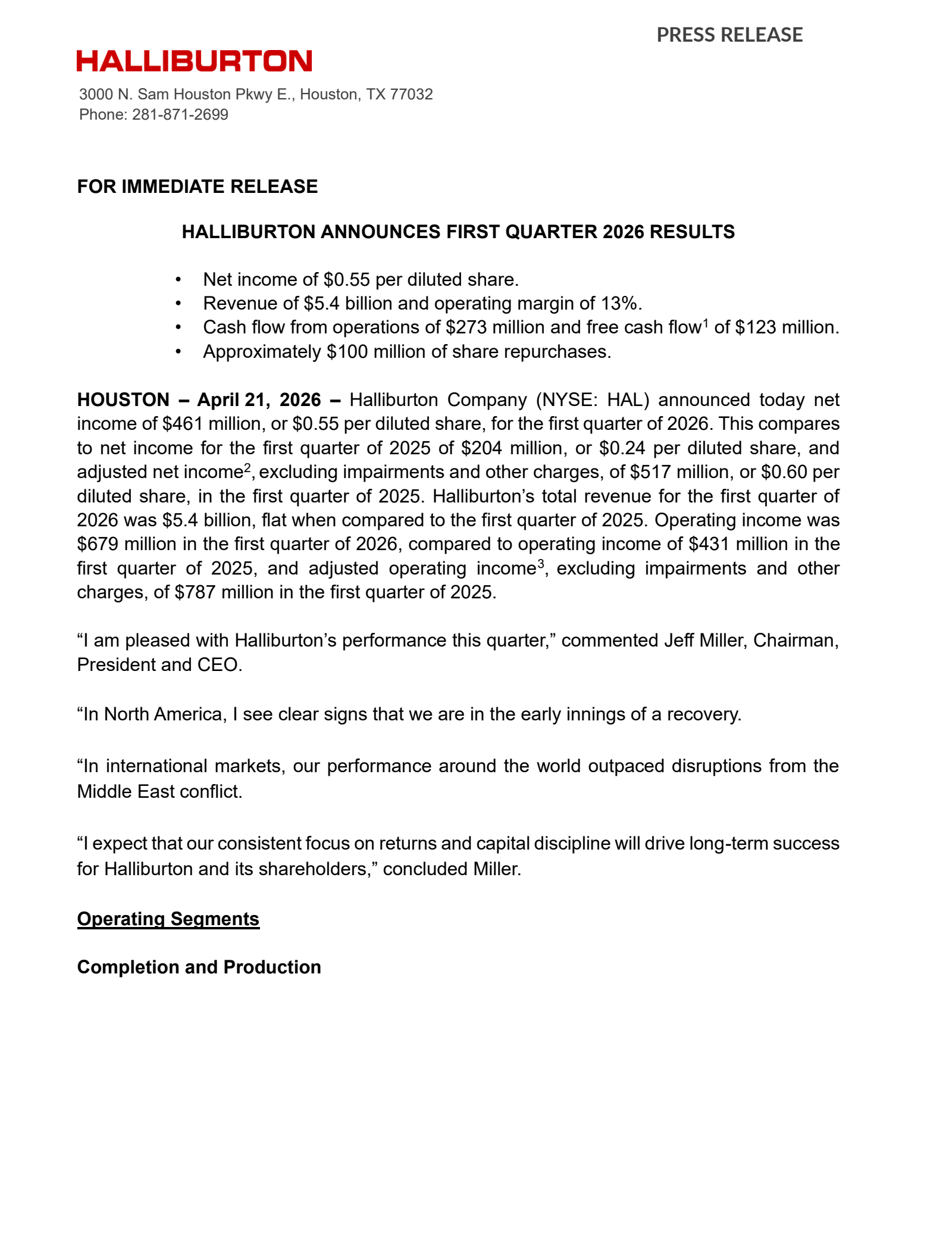Halliburton's Q1 2026 Press Release