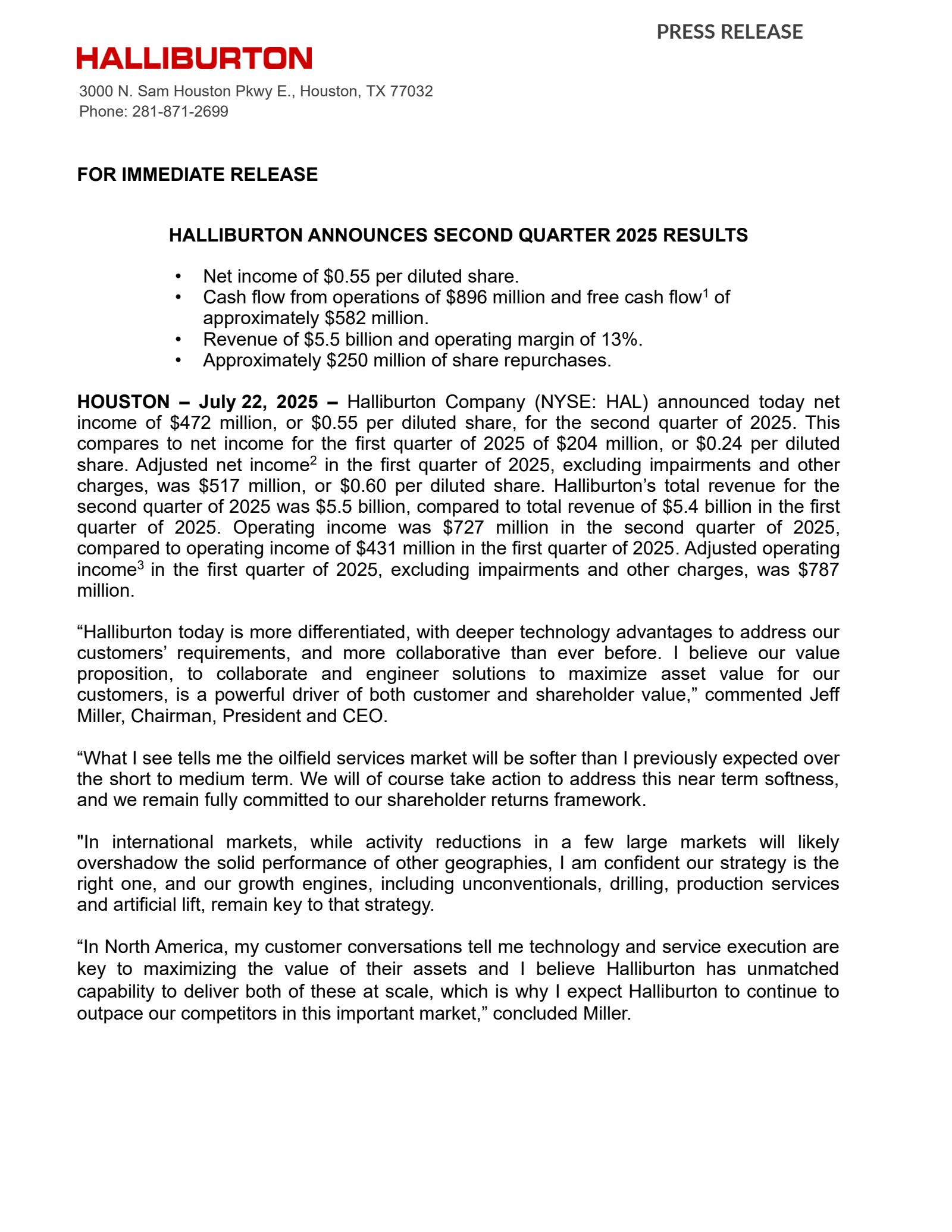 Halliburton's Q2 2025 Press Release