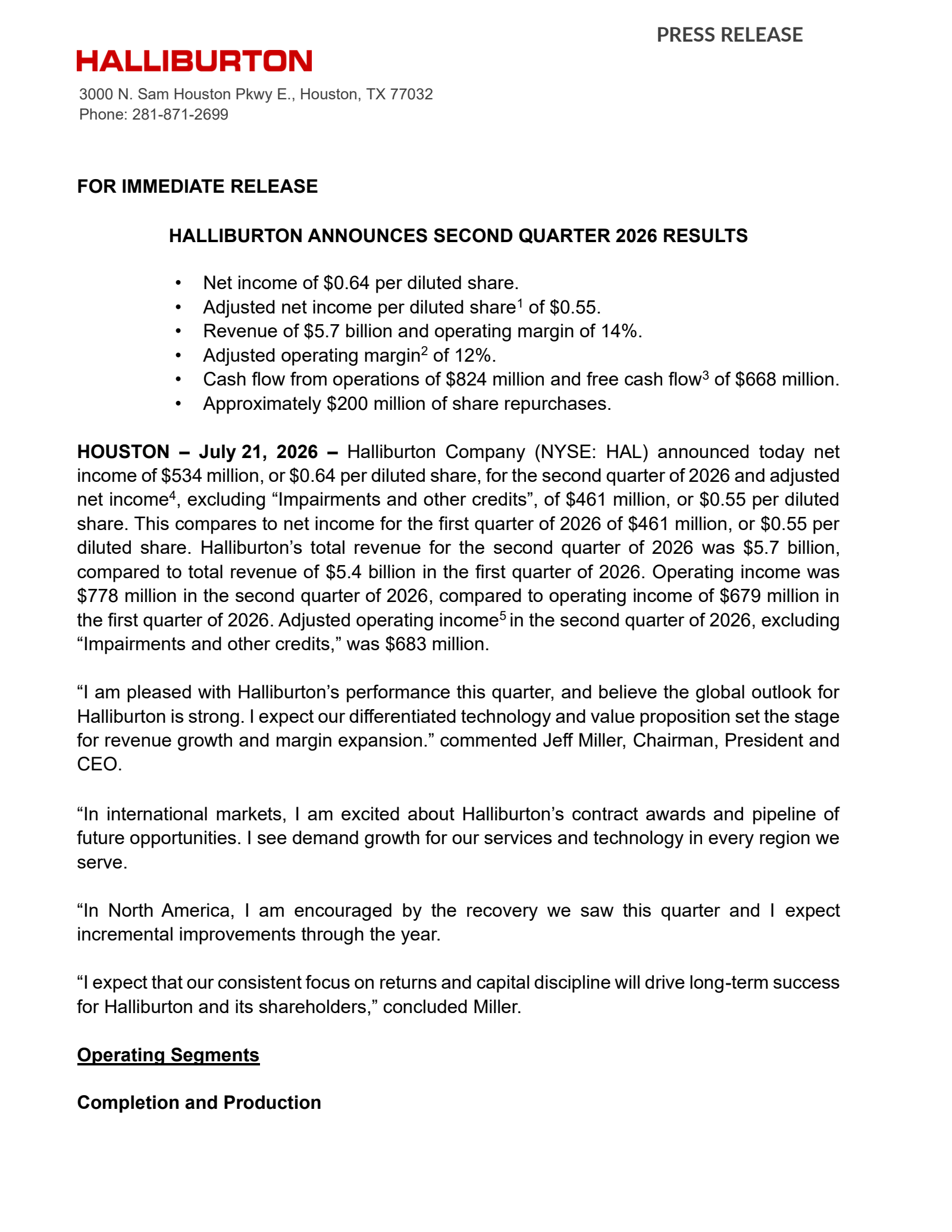 Halliburton's Q2 2026 Press Release