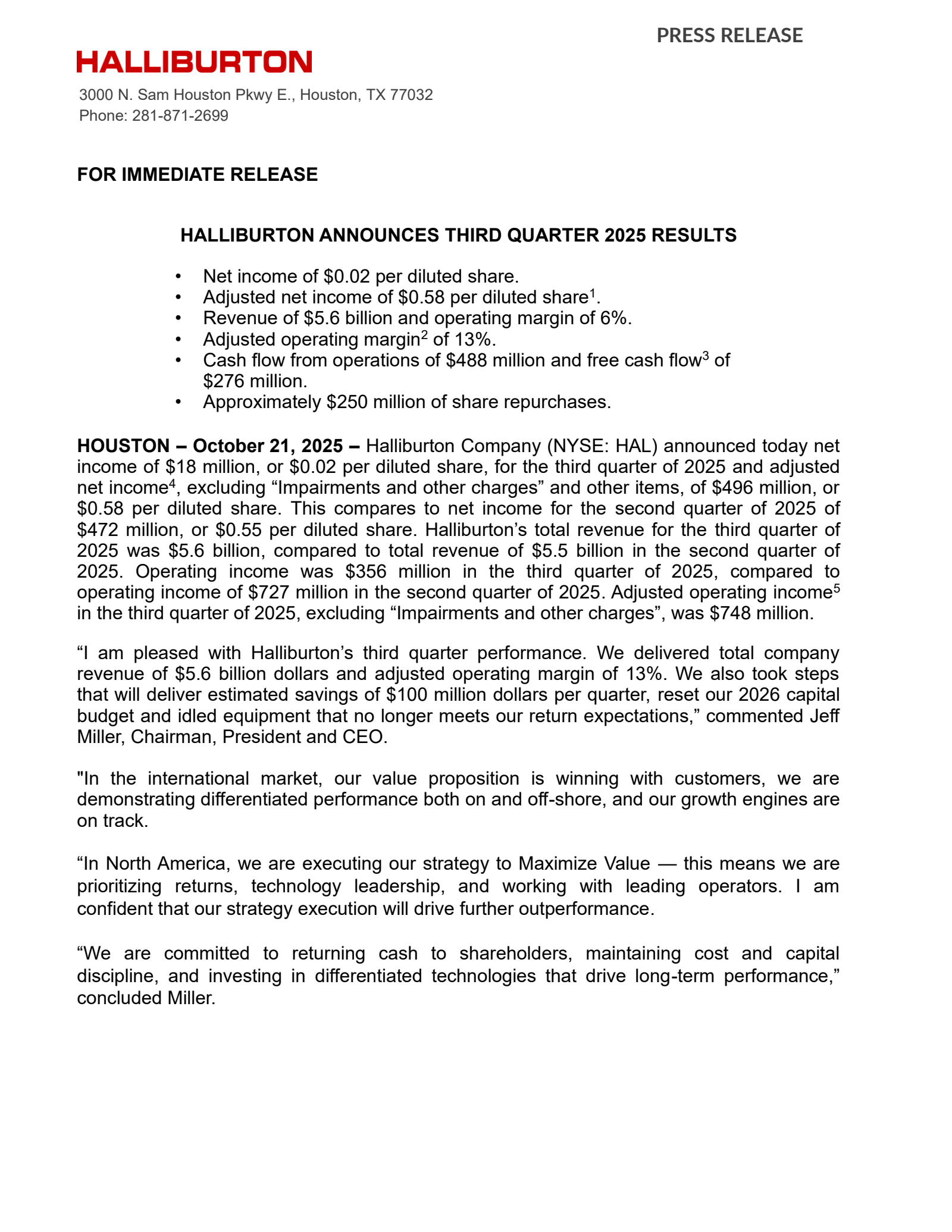 Halliburton's Q3 2025 Earnings Release