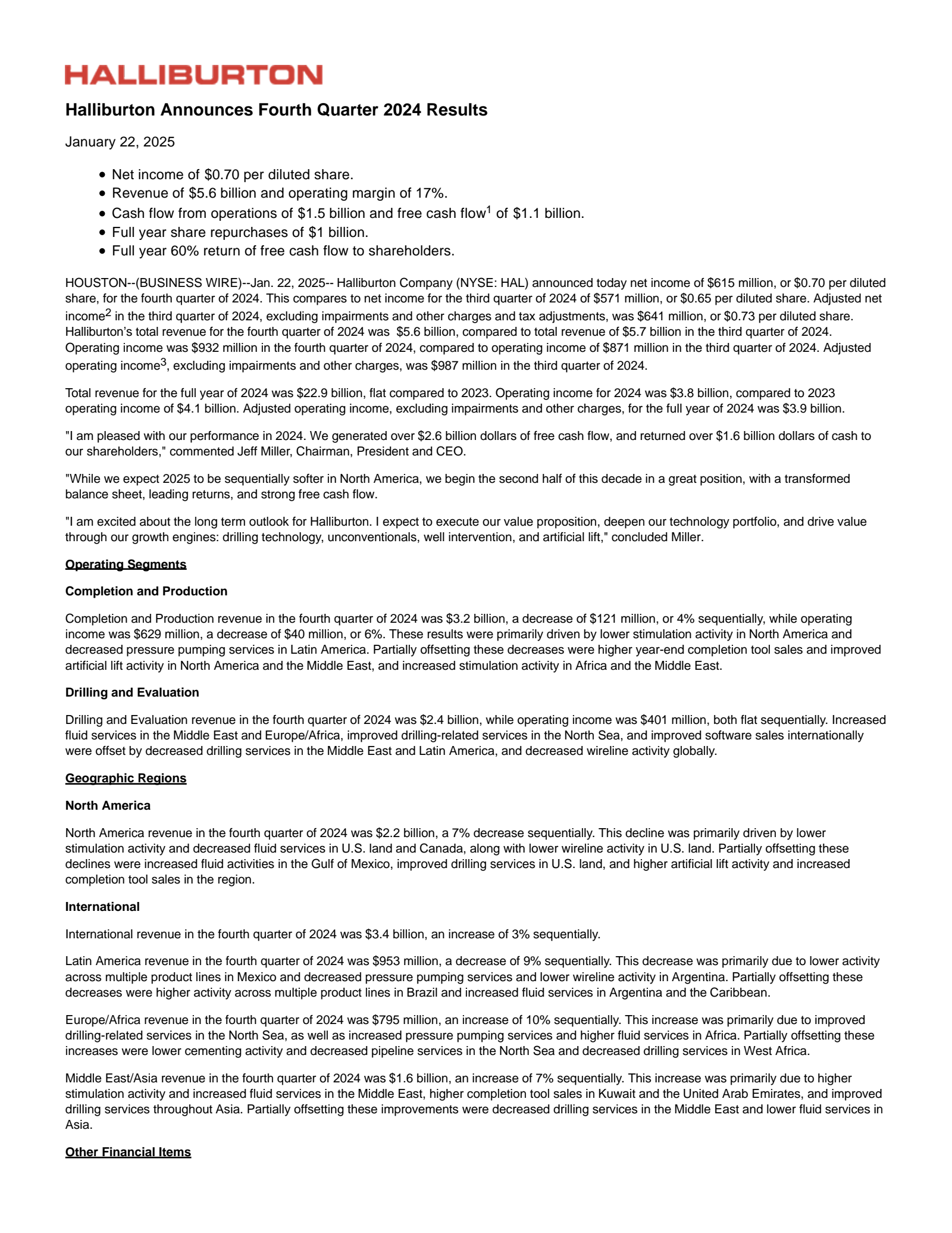 Halliburton's Q4 2024 Press Release