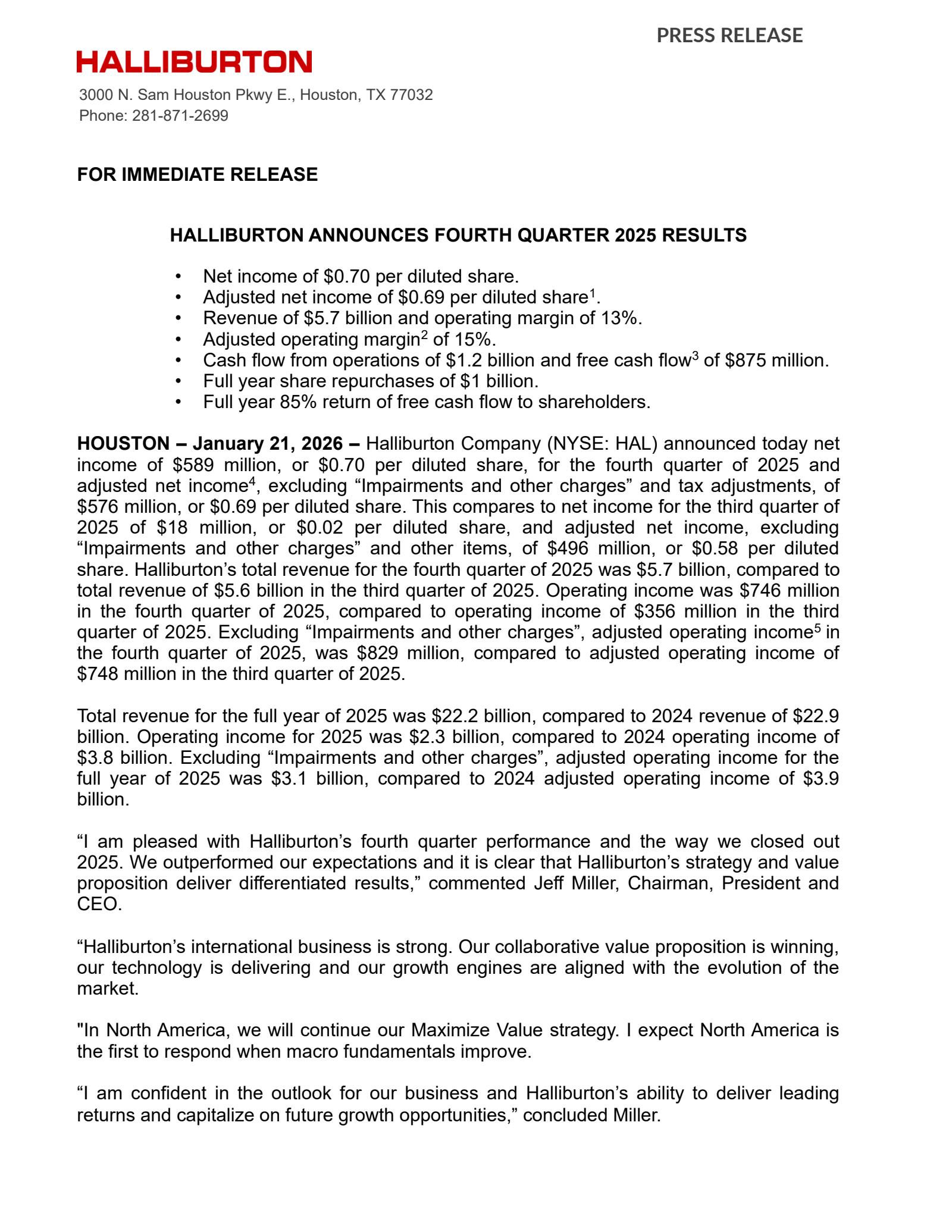 Halliburton's Q4 2025 Press Release