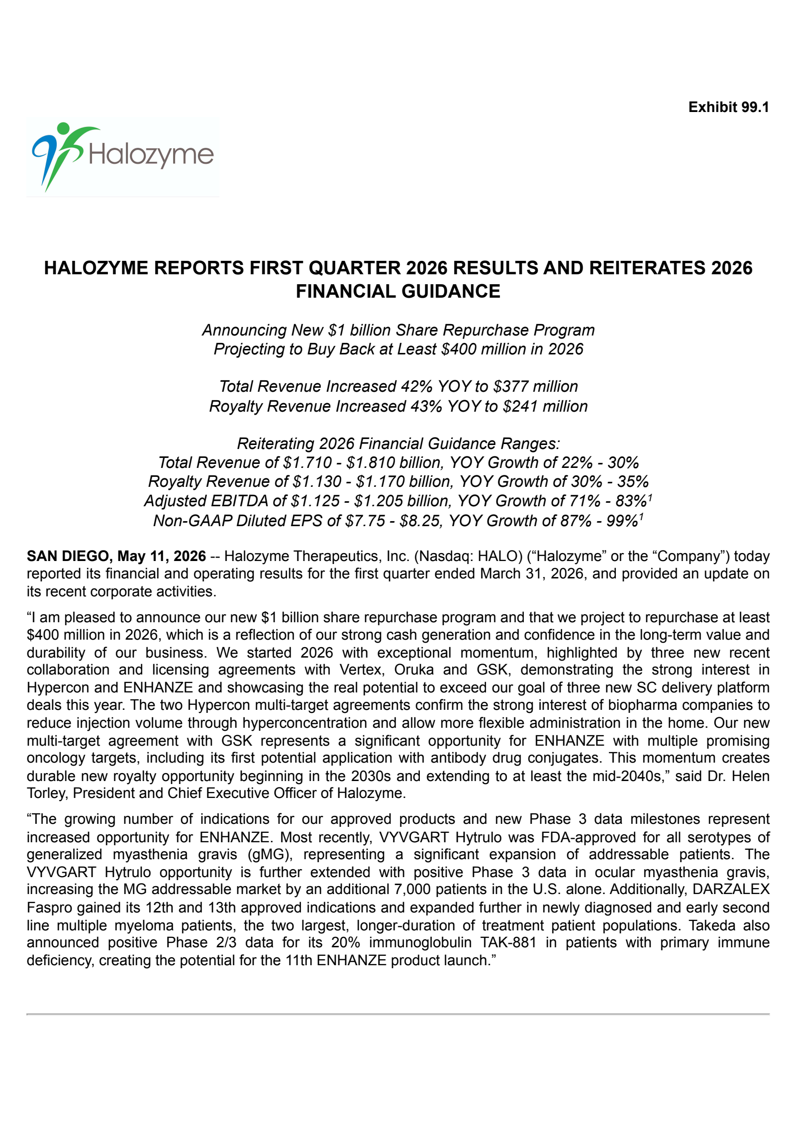 Halozyme Therapeutics' Q1 2026 Press Release
