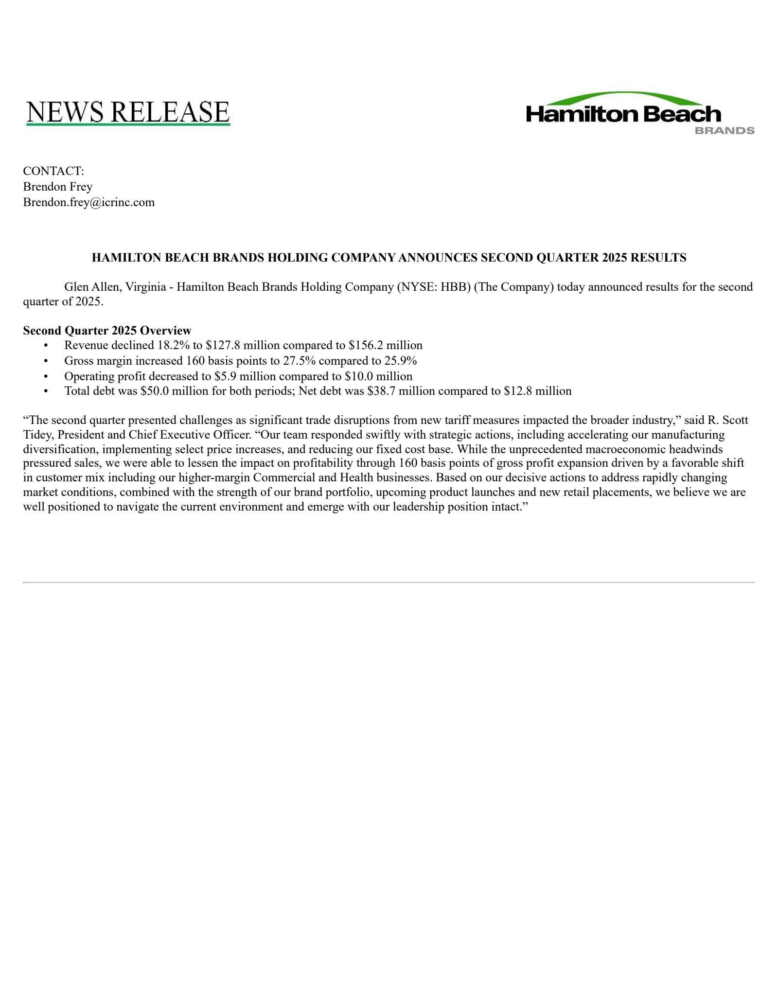 Hamilton Beach Brands' Q2 2025 Press Release