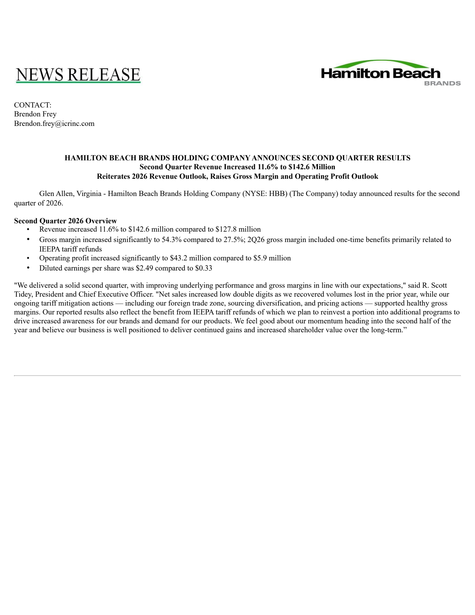 Hamilton Beach Brands' Q2 2026 Press Release