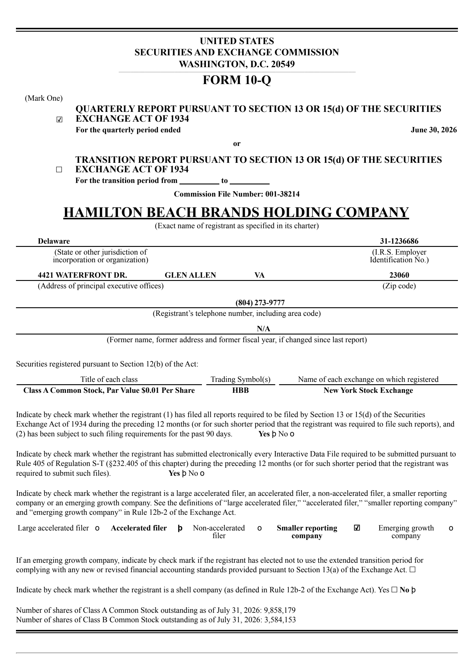 Hamilton Beach Brands' Q2 2026 Quarterly report
